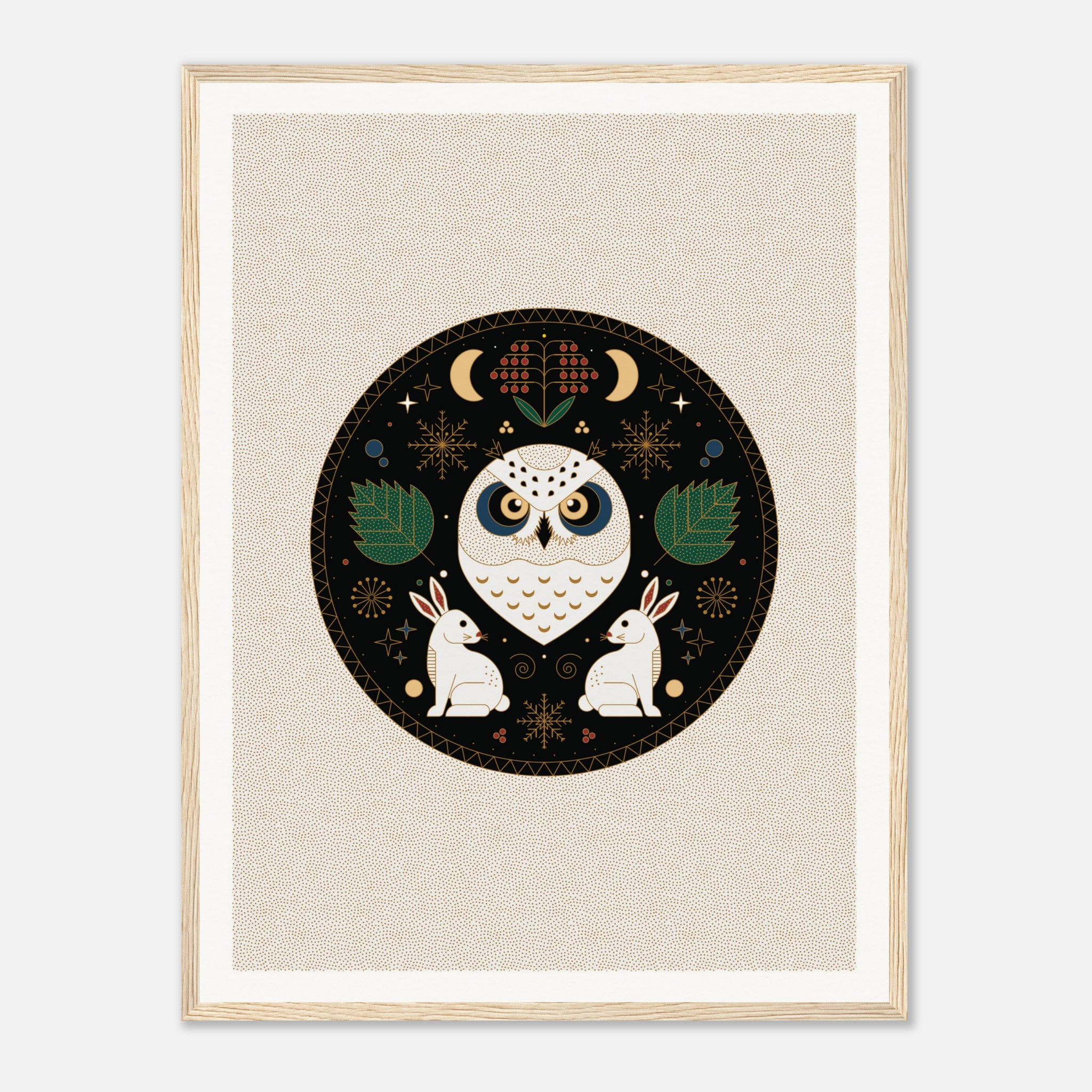 Stylized owl and rabbits in geometric art with celestial and nature themes, framed in a wooden border.
