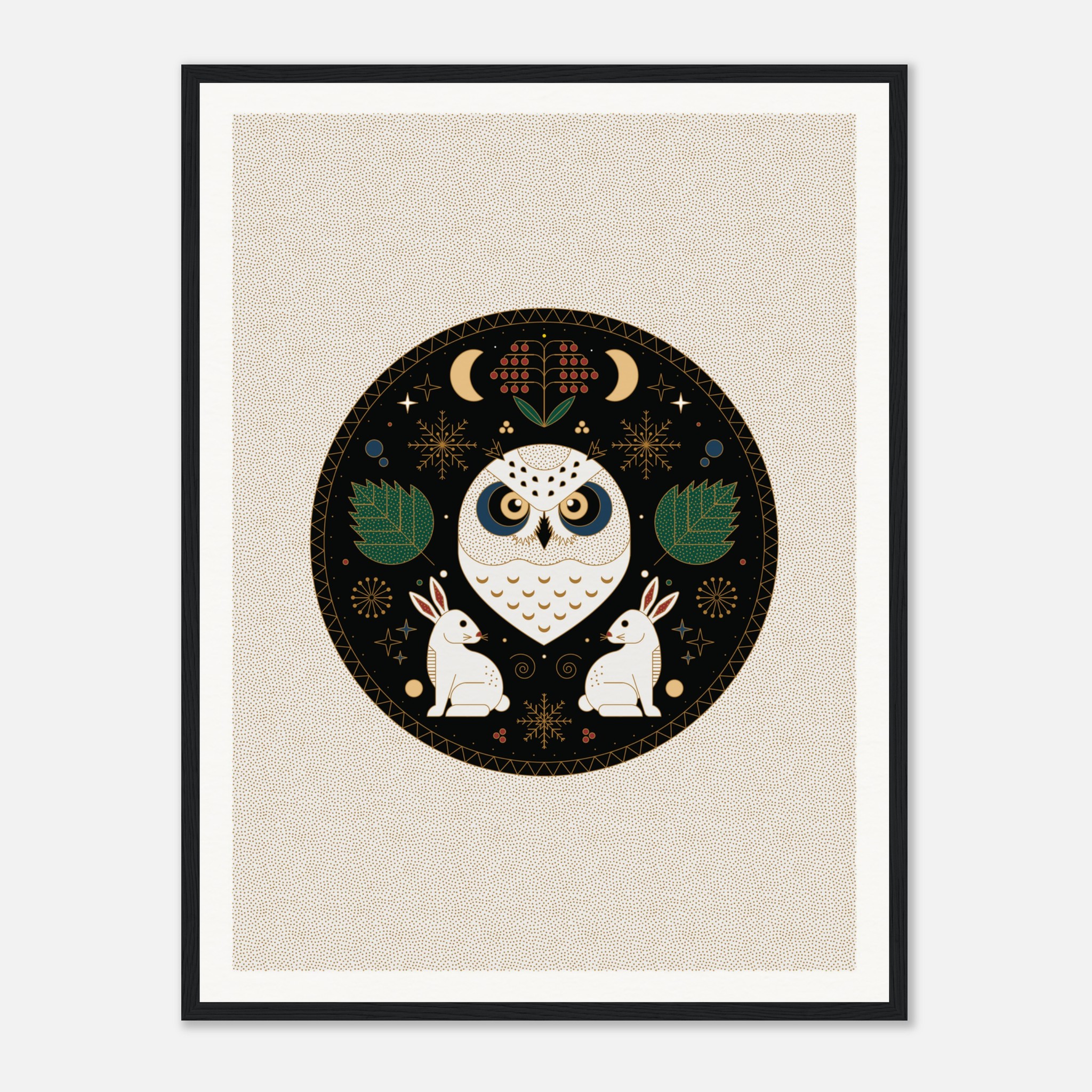 Illustrated owl with two rabbits, leaves, and celestial motifs on a decorative, circular black background.