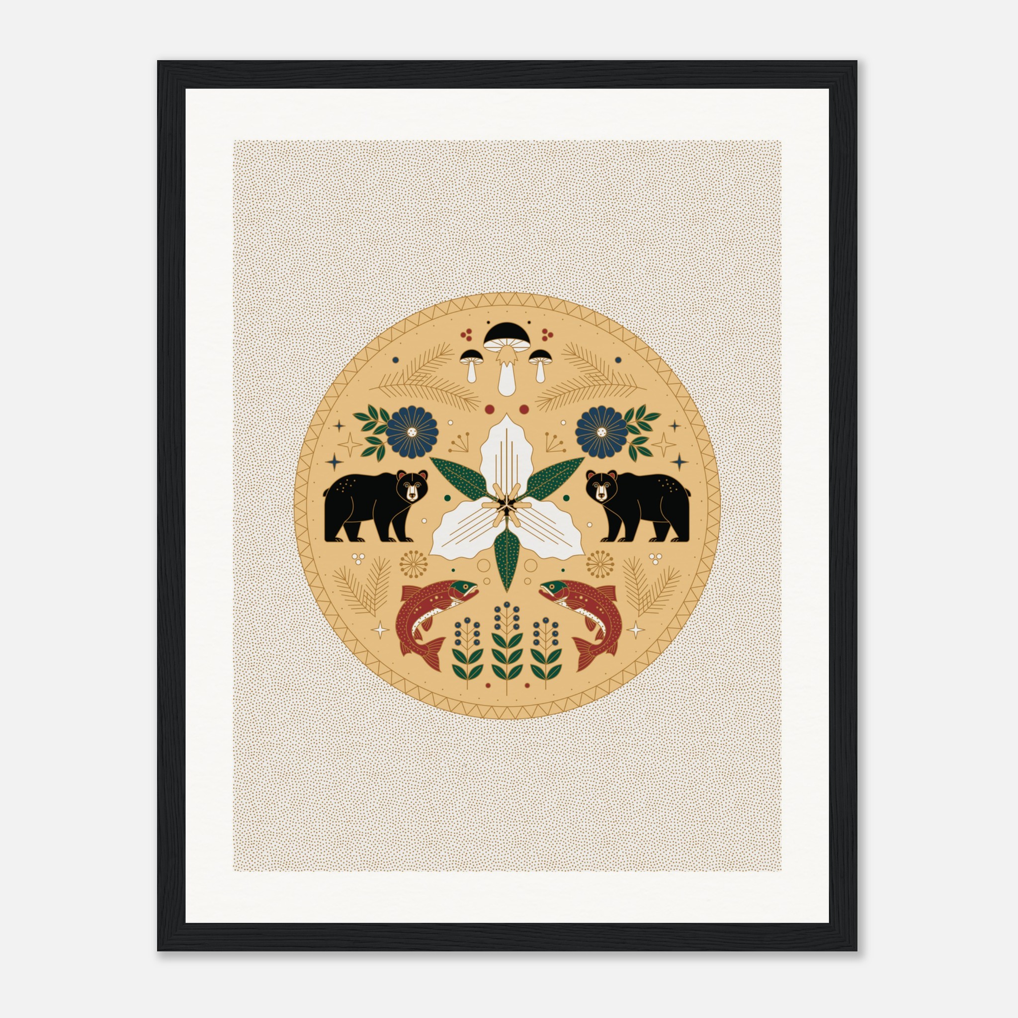 Symmetrical animal and nature illustration featuring bears, fish, flowers, and leaves in a framed circular design.