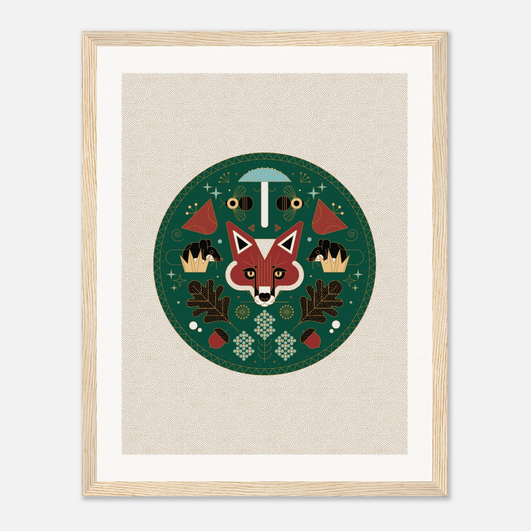 Framed illustration of a fox with geometric designs including mushrooms, leaves, and bees on a green background.