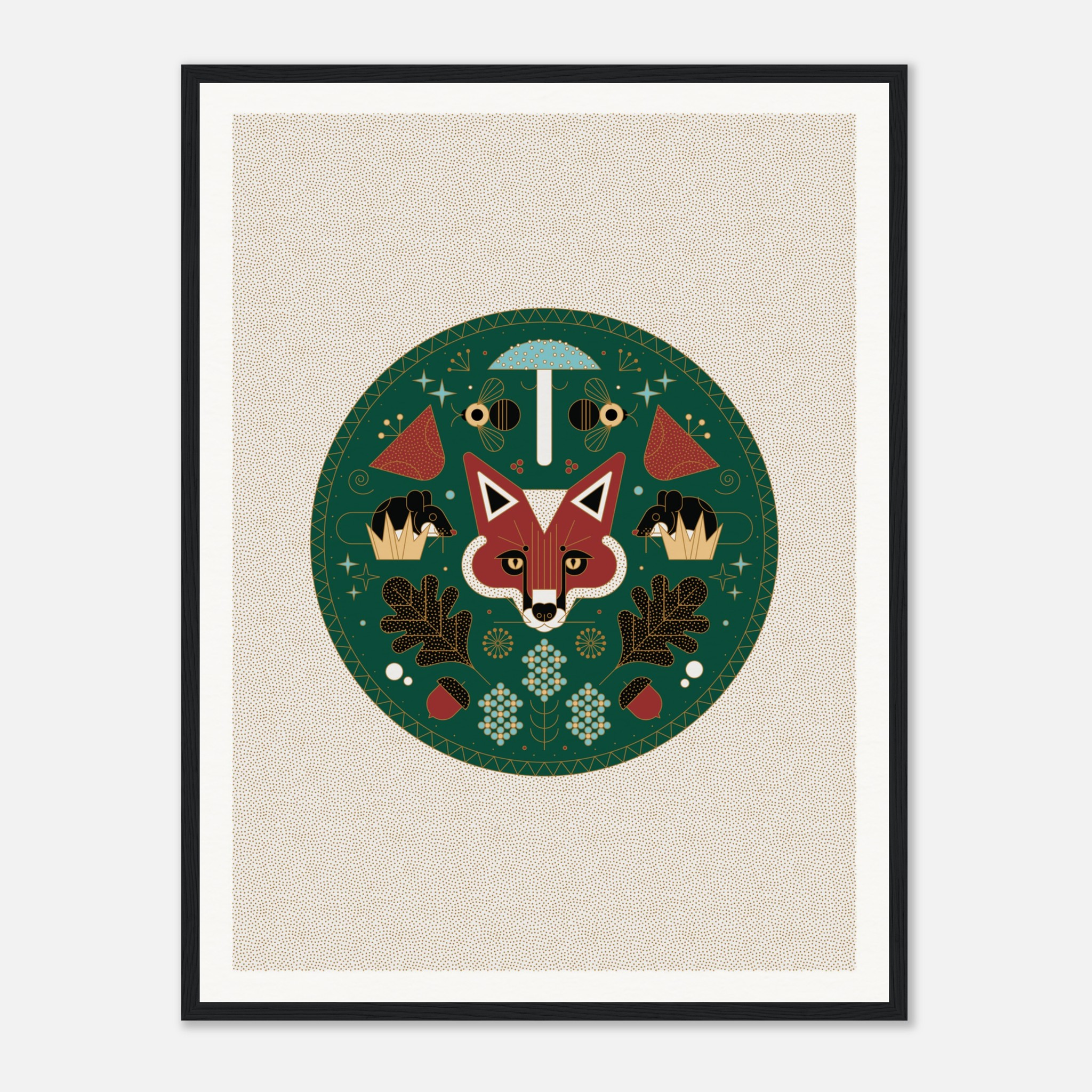 Stylized forest-themed artwork with a fox, bees, mushrooms, and acorns, centered in a circular pattern; framed print.