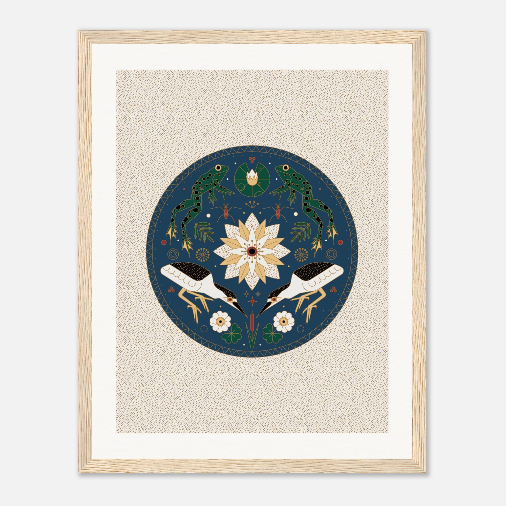 Framed nature-themed illustration features frogs, birds, and floral patterns in a circular design on a blue background.