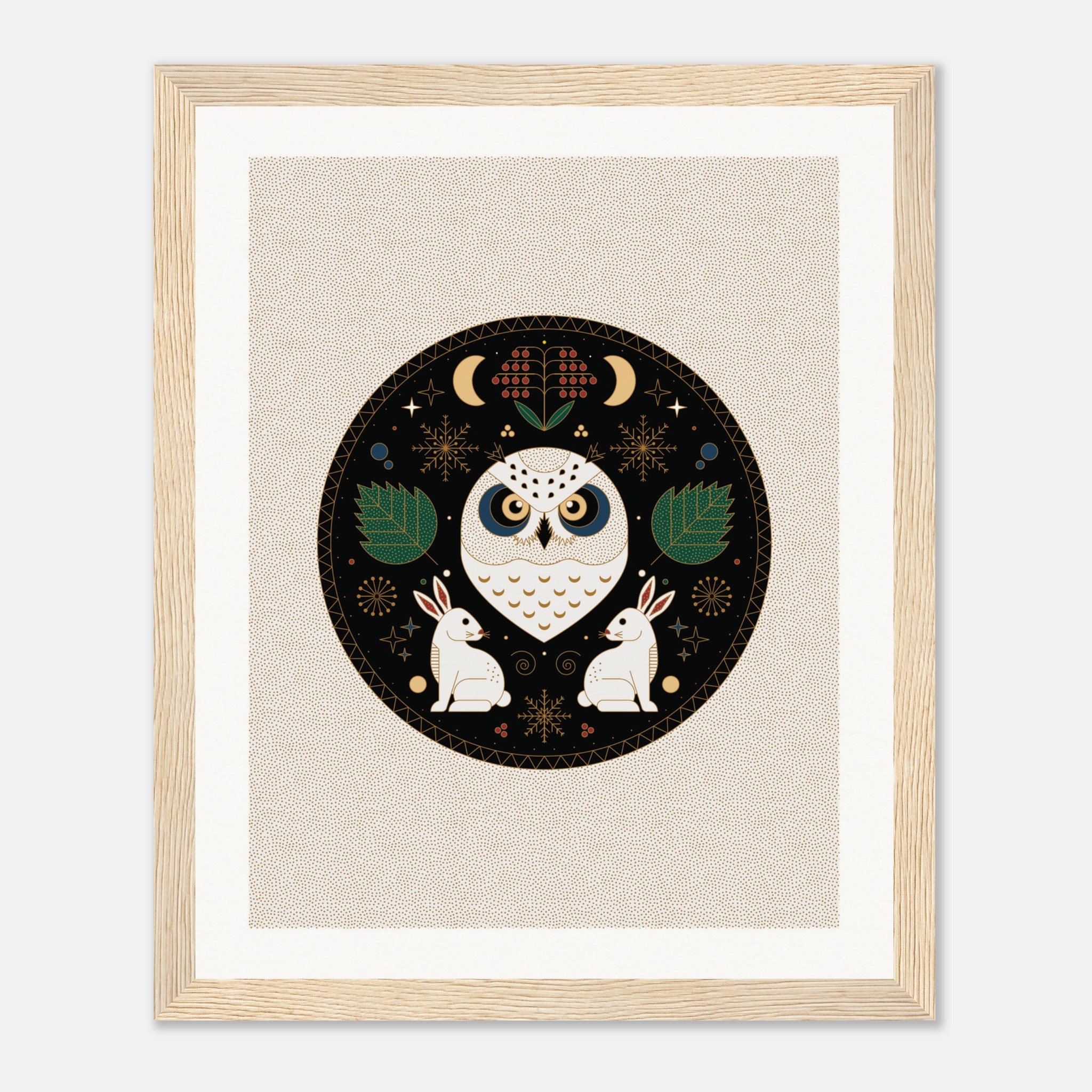 Stylish framed owl and rabbits art with dark background, featuring leaves, stars, and crescent moons for modern decor.