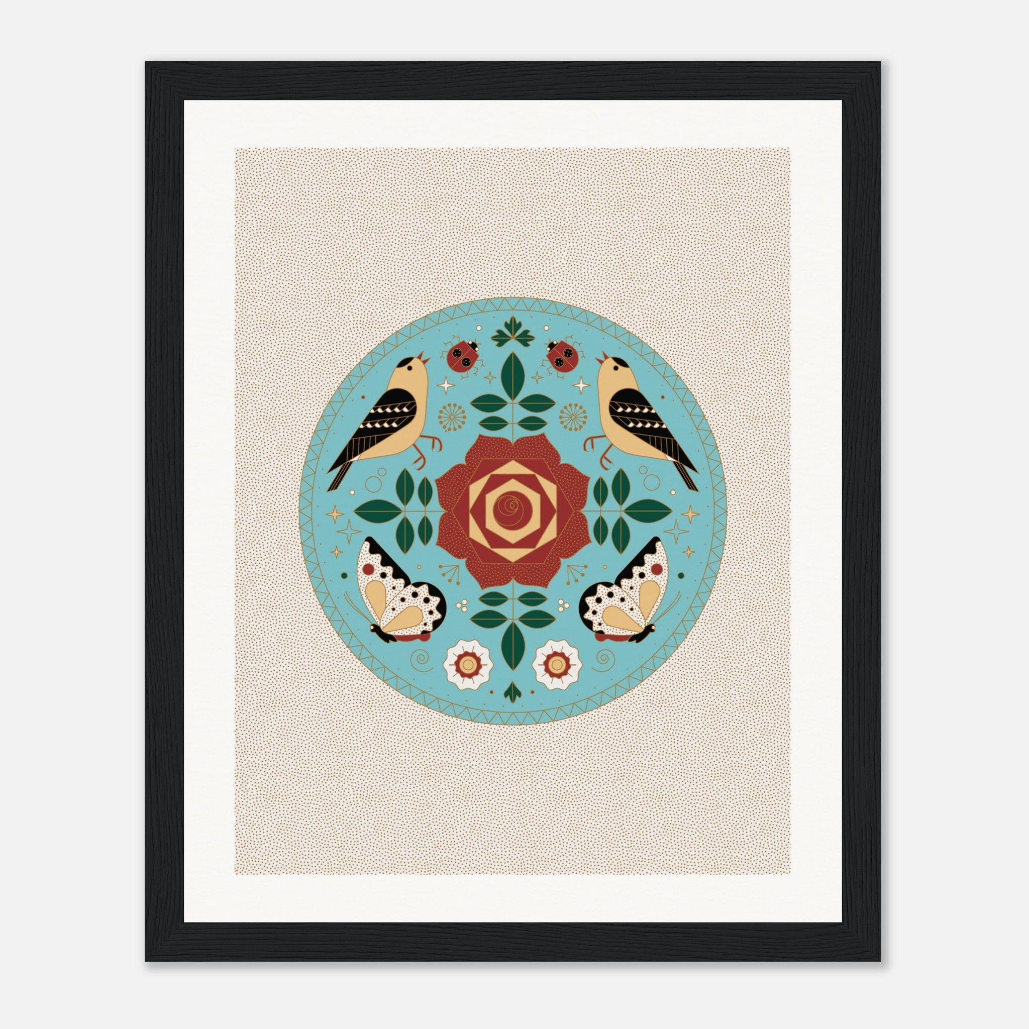 Framed folk art print with birds, butterflies, and floral patterns in a circular design on a beige background.