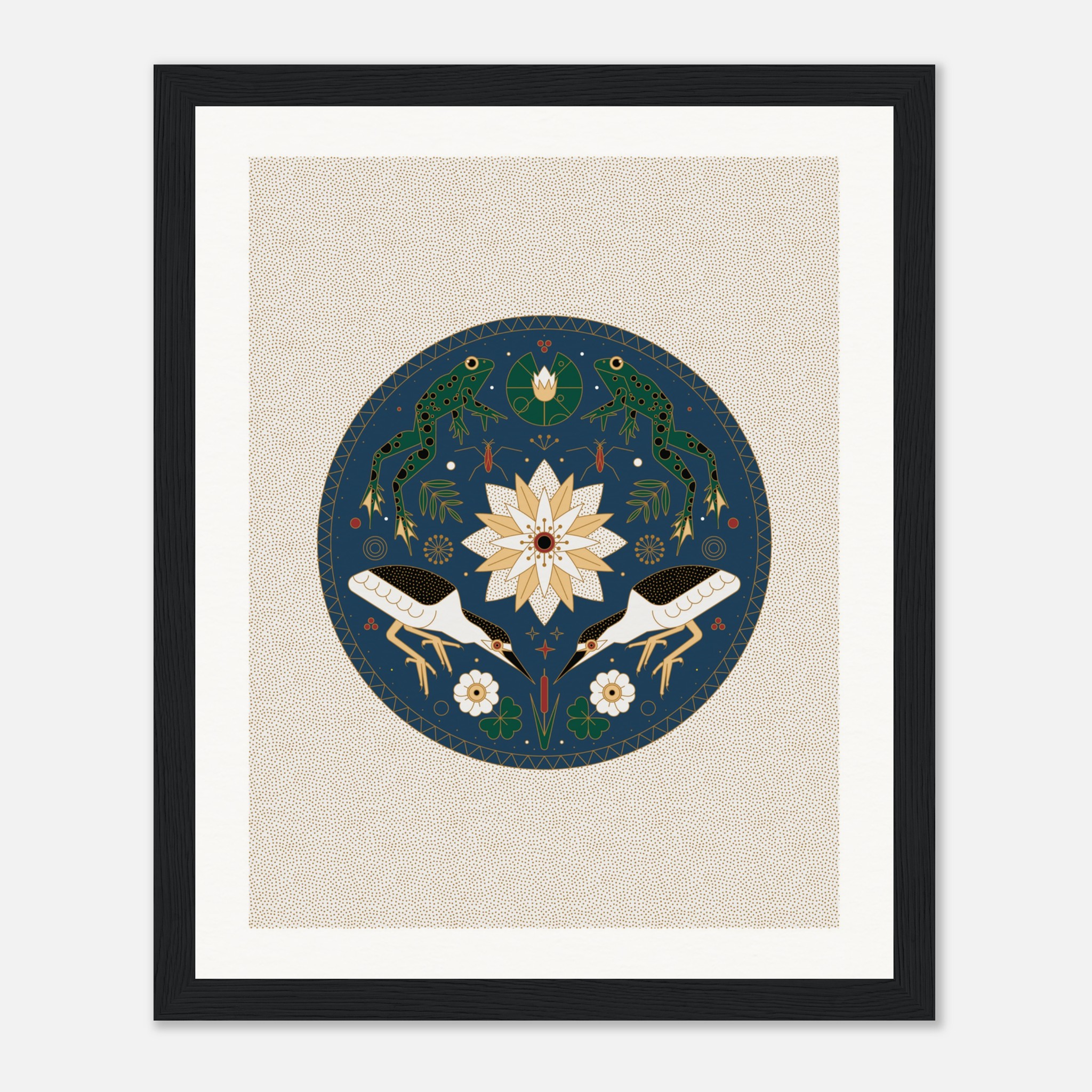 Abstract art print with symmetrical floral design, frogs, and birds in a decorative circular pattern with a dark border.
