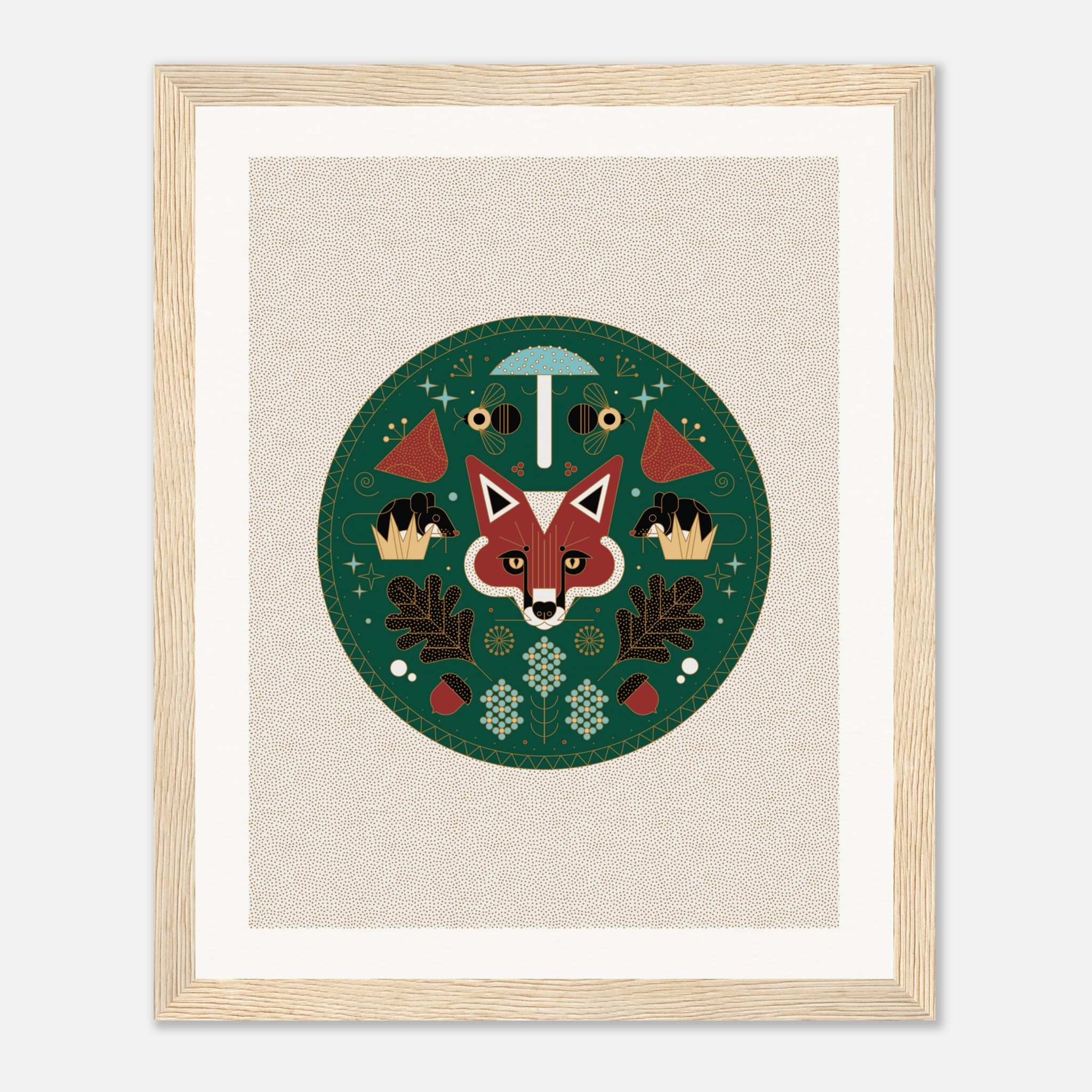Stylized fox illustration with mushrooms, bees, and nature elements in a framed artwork.