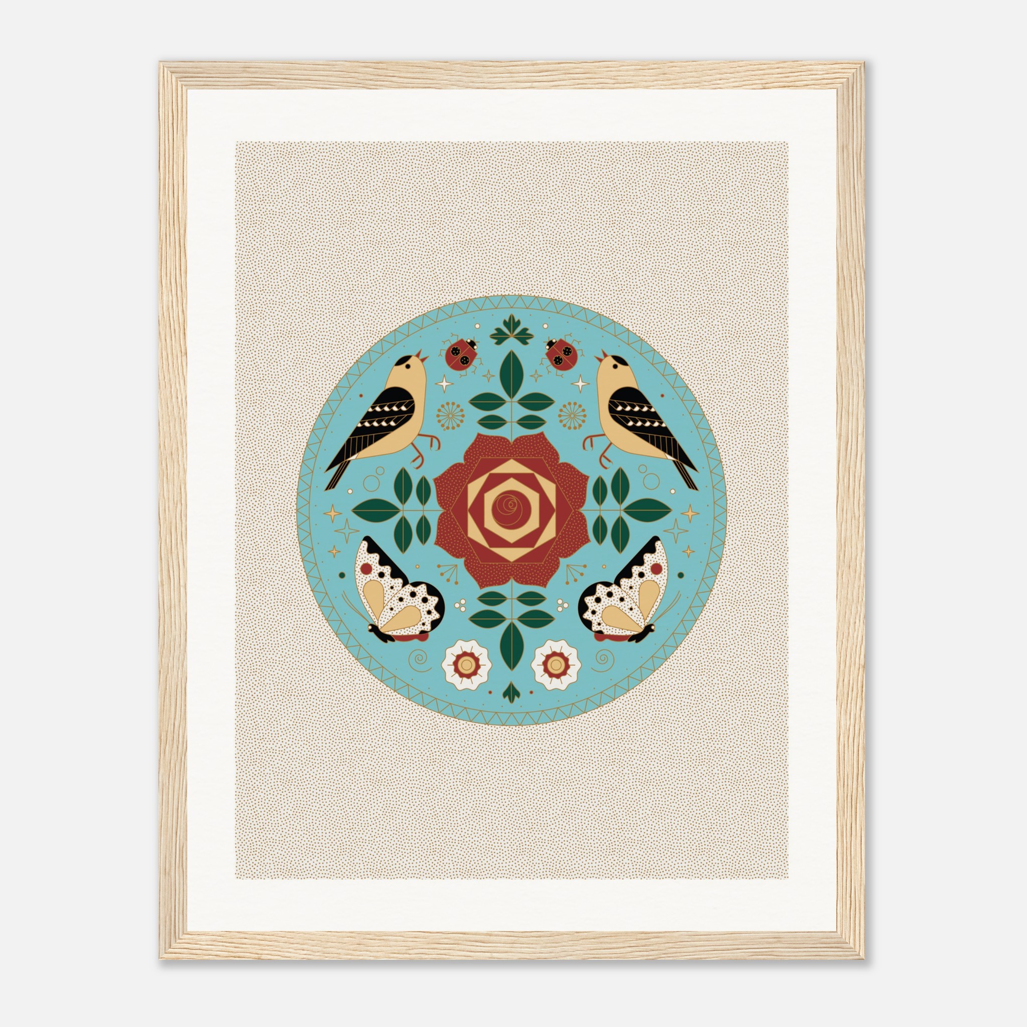 Framed art with a symmetrical folk design featuring birds, butterflies, and a central floral motif in a circular pattern.