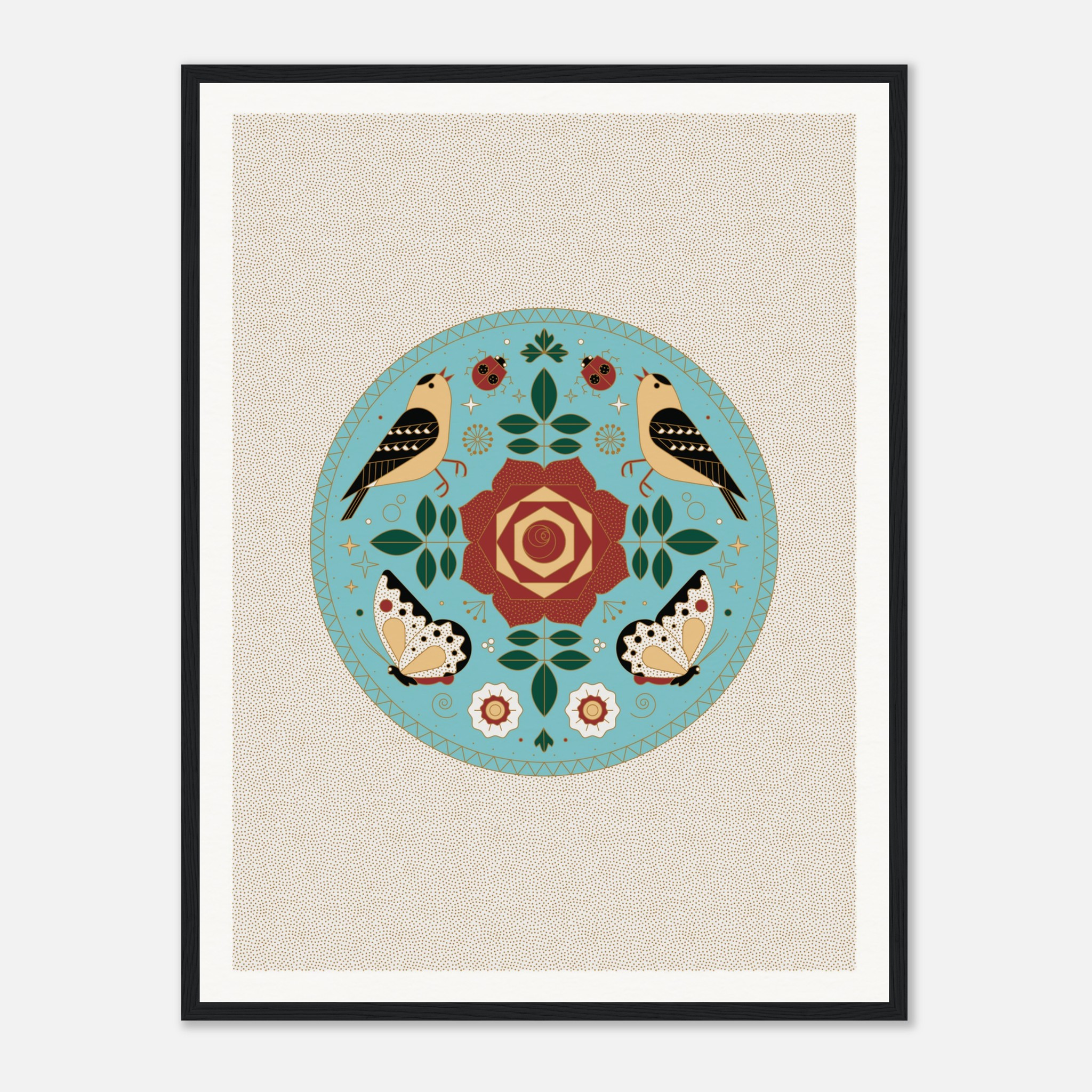 Framed folk art poster featuring birds, butterflies, and a central rose design on a blue circle with a dotted background.