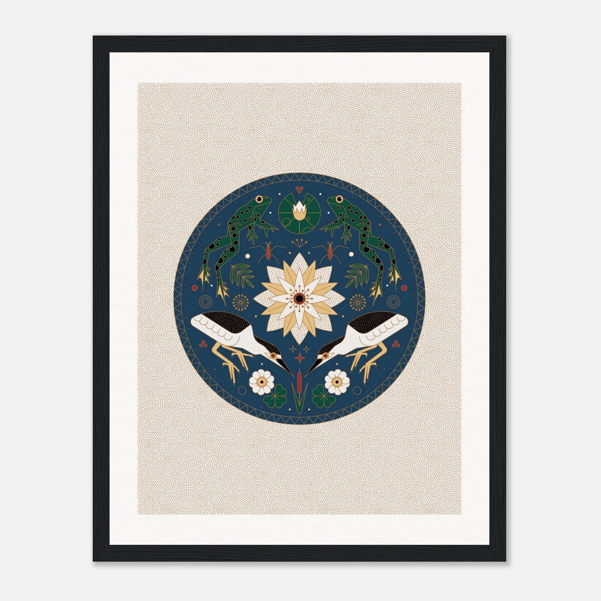 Framed art print with a symmetrical design featuring birds, frogs, and a floral pattern on a blue circular background.