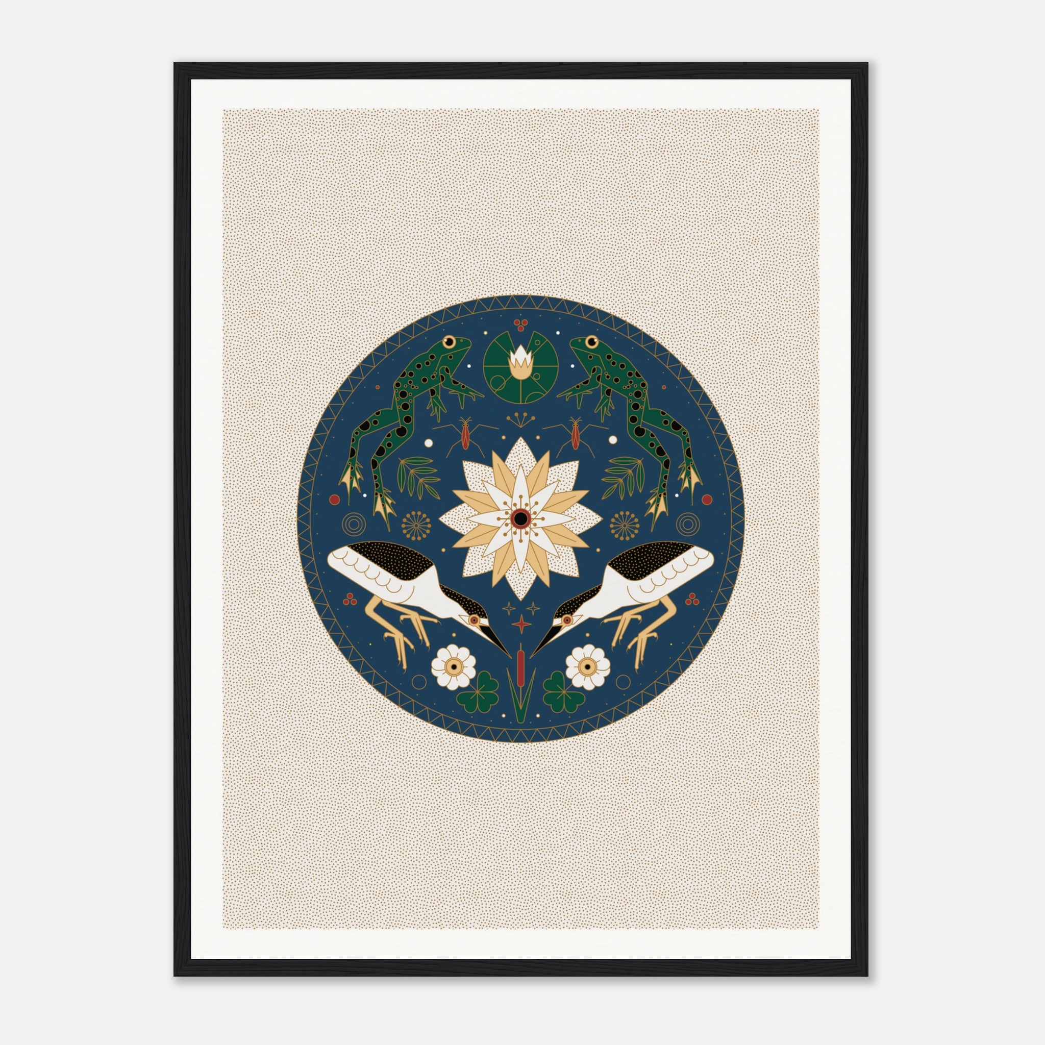 Decorative mandala art with frogs, birds, and flowers in a circular design, set against a beige and navy background.