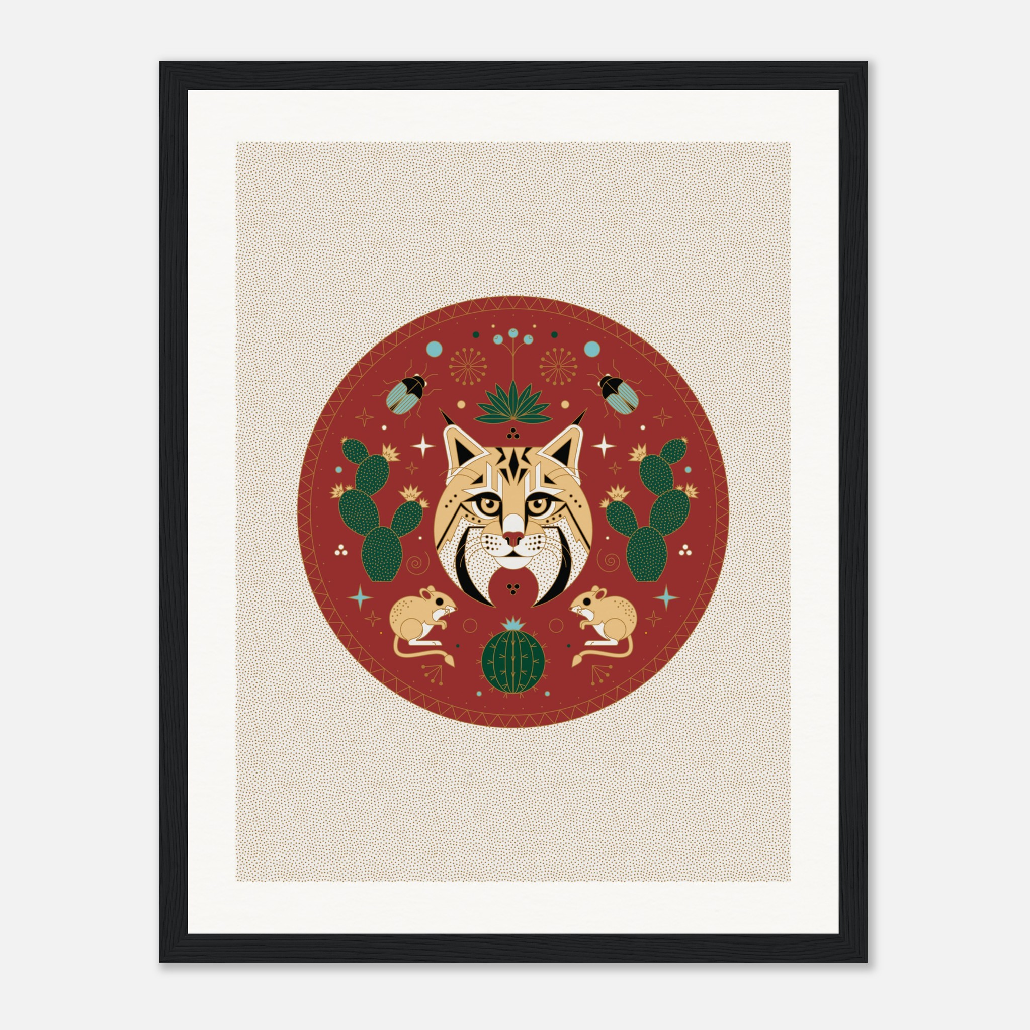 Framed artwork featuring a stylized wildcat surrounded by cacti, mice, and beetles in a decorative circular design.