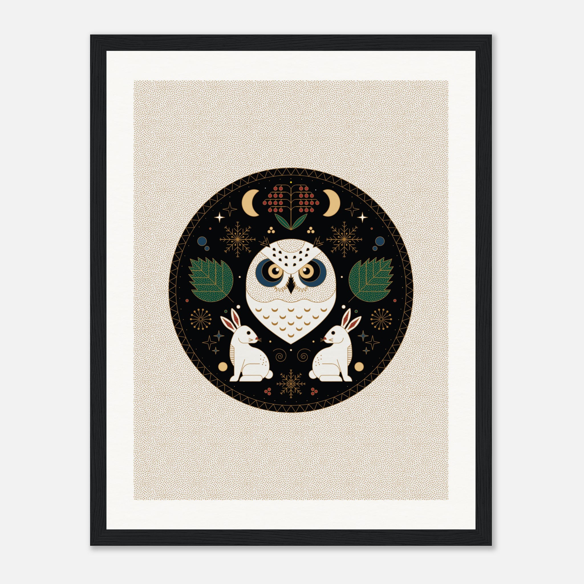 Framed folk art print of an owl and two rabbits in a decorative circle with leaves and stars on a beige background.