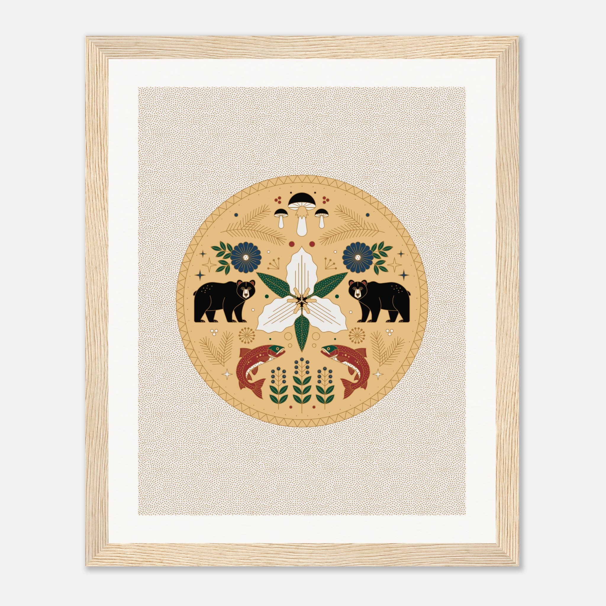 Framed decorative artwork featuring bears, flowers, fish, and mushrooms in a circular symmetrical design.