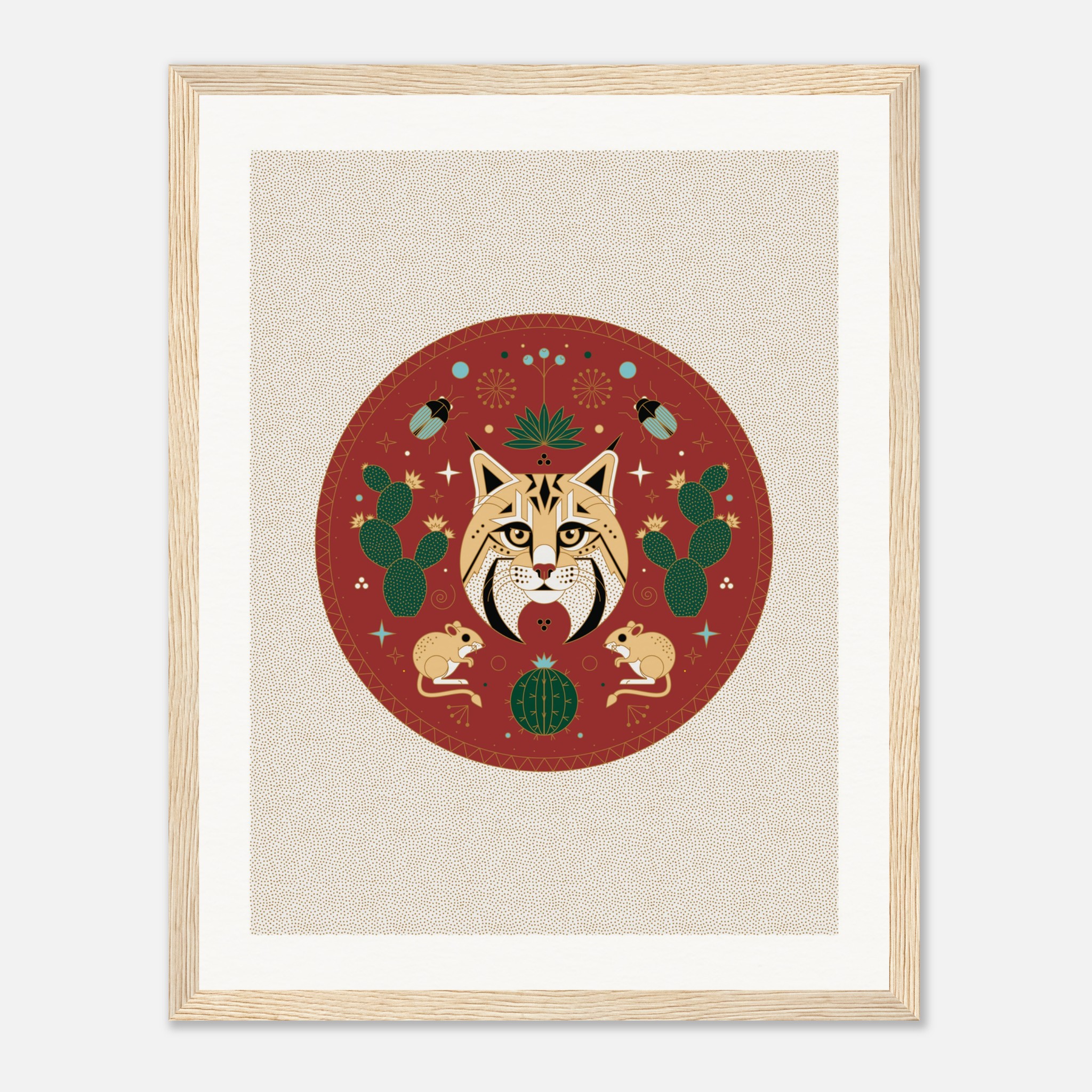 Illustrated wildcat face surrounded by cacti, beetles, and mice in a circular pattern on red background, framed art.
