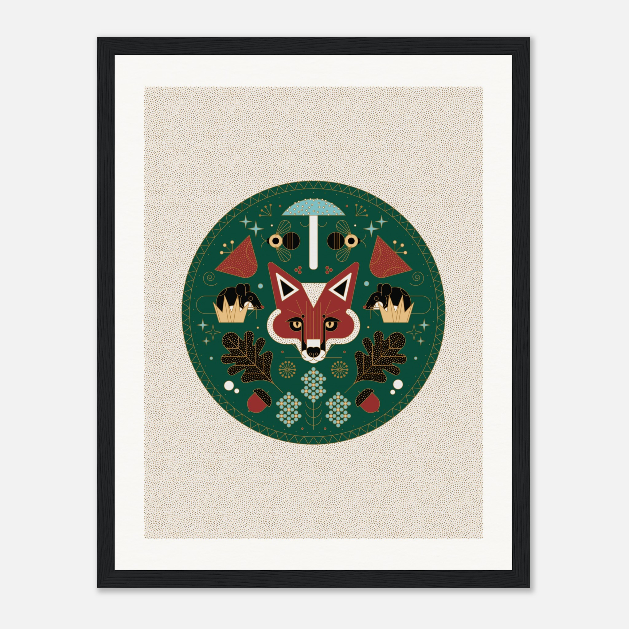 Abstract woodland art featuring a fox, mushrooms, and acorns in a circular design. Ideal for nature-themed decor.