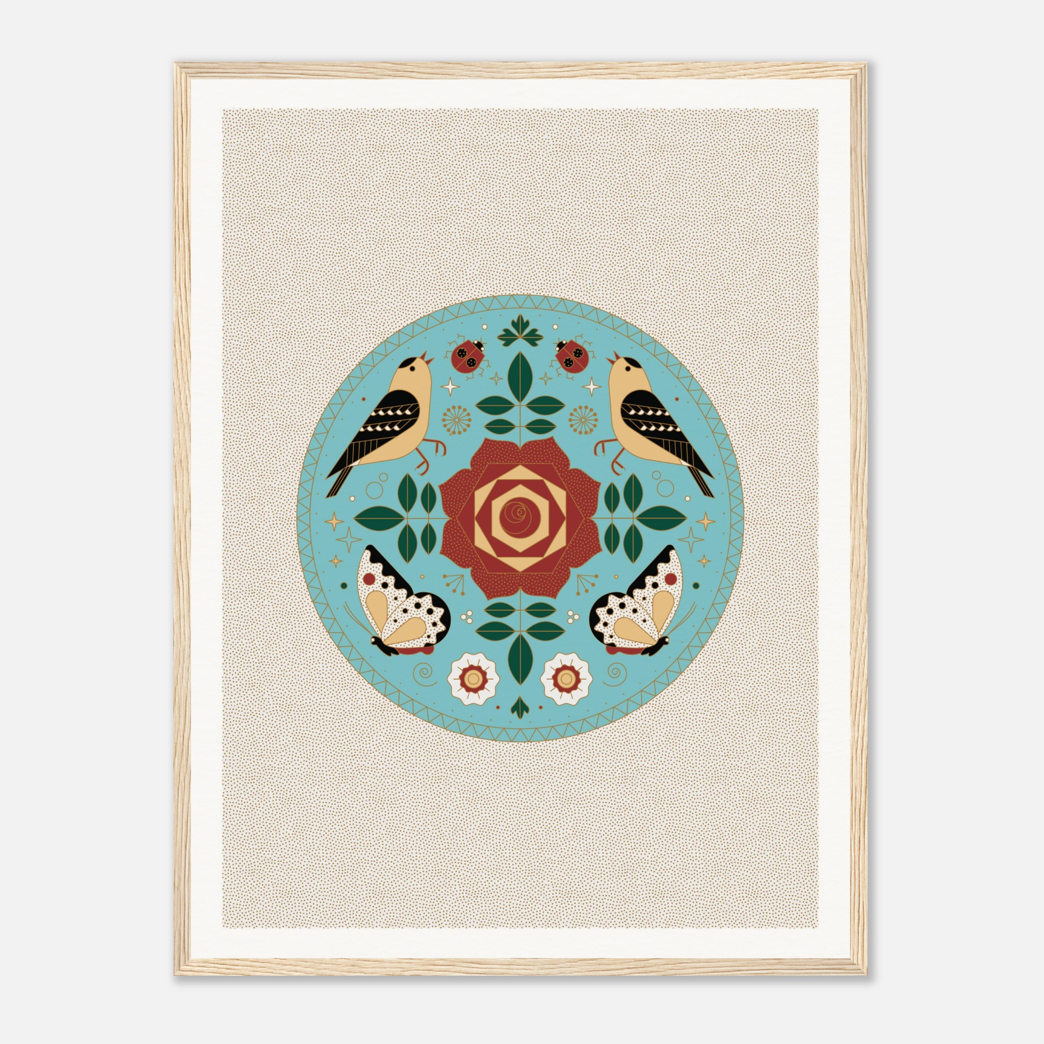 Stylized circular art with birds, butterflies, and flowers on a blue background, framed in light wood.