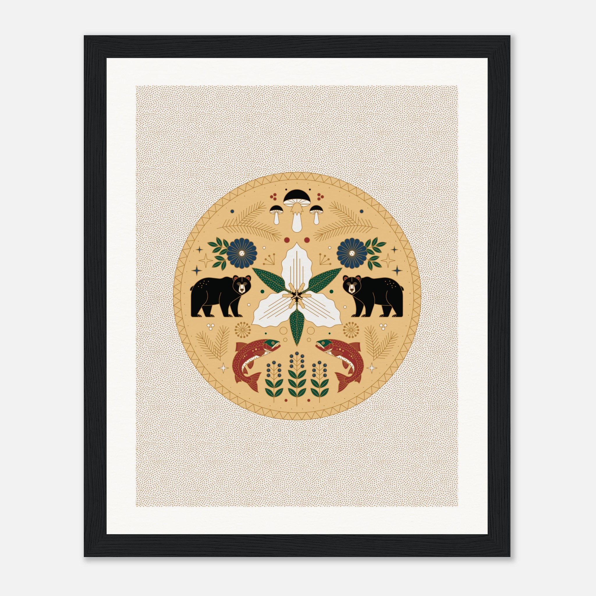 Symmetrical nature artwork featuring bears, flowers, mushrooms, and fish in a circular design with a rustic style.