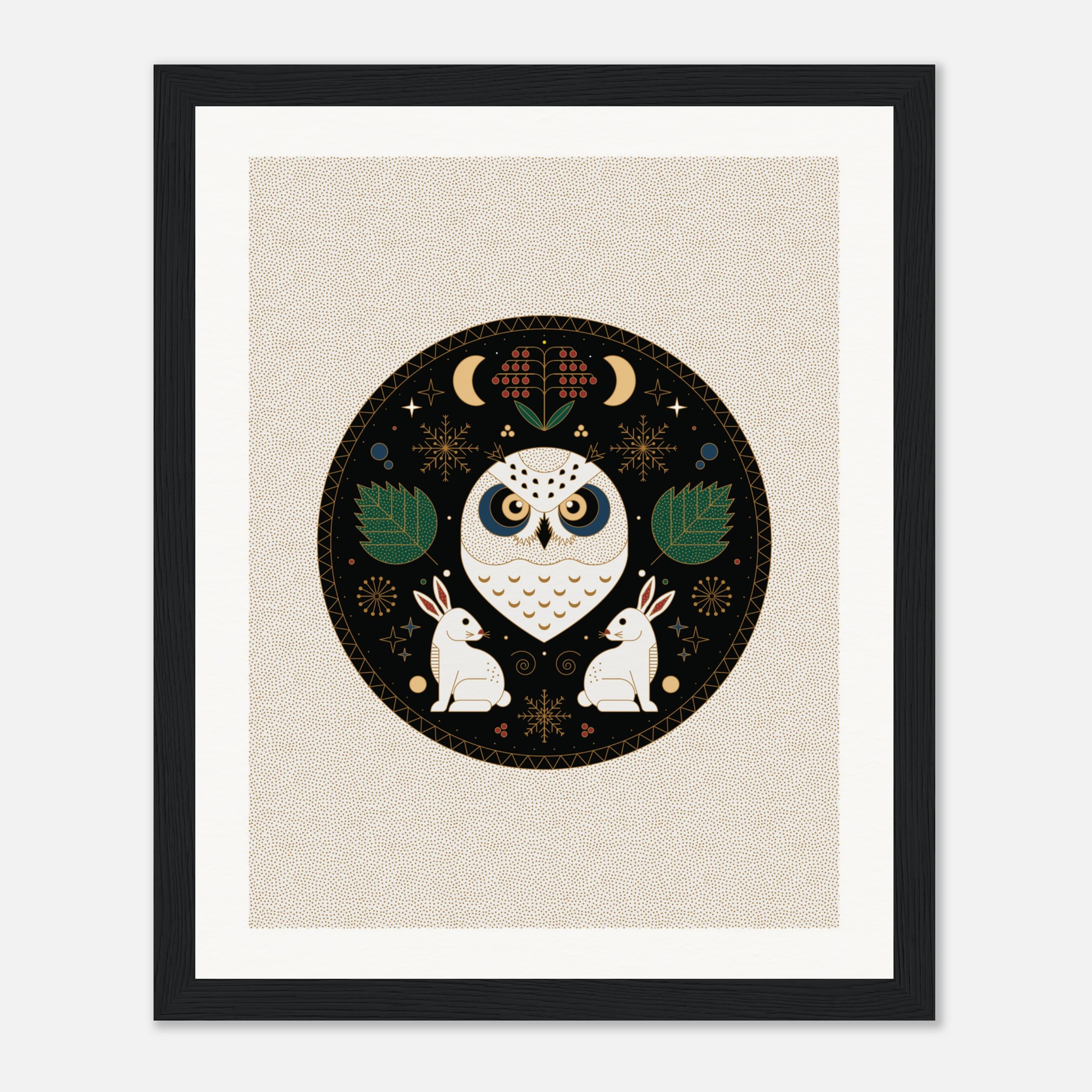 Framed folk art print featuring an owl and rabbits in a circular design with nature elements and stars.