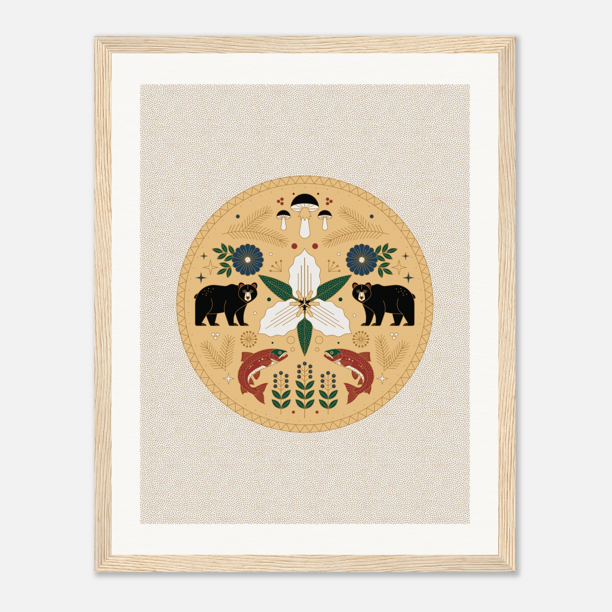 Framed symmetrical nature illustration with bears, fish, flowers, and mushrooms on a beige background.