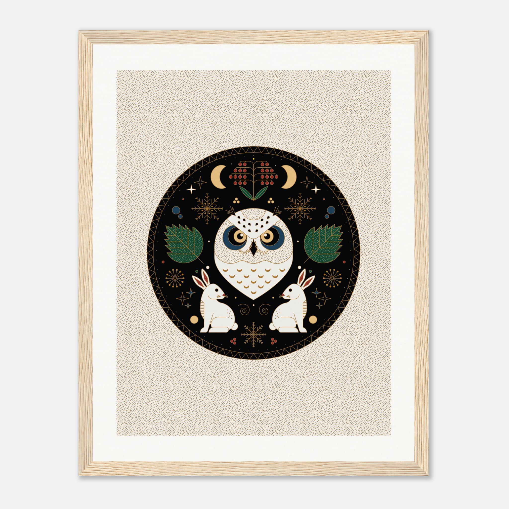 Decorative owl and rabbits illustration in circle with leaves and lunar motifs in framed art print.