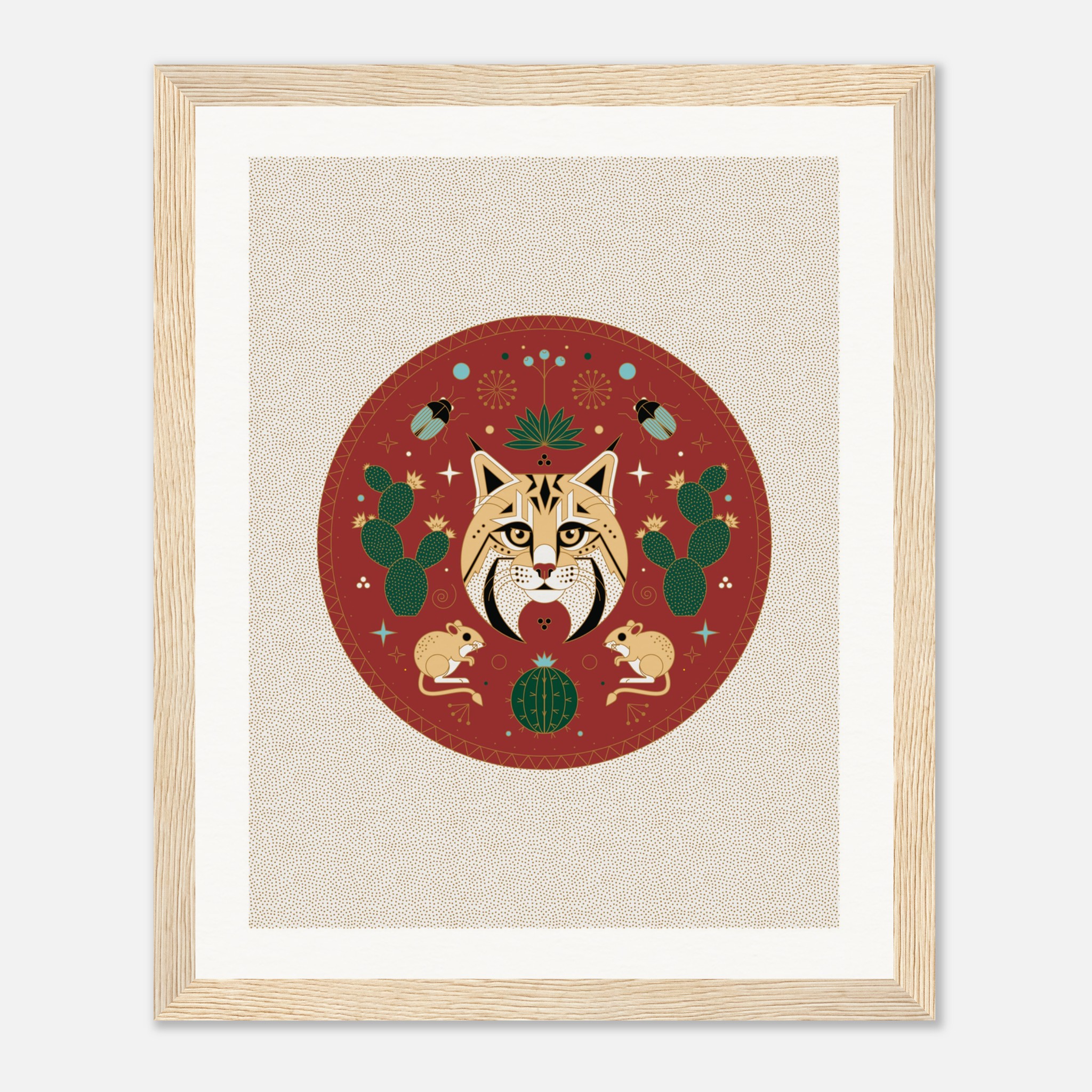 Stylized wildcat face with desert elements, including cacti and mice, on a circular red background.