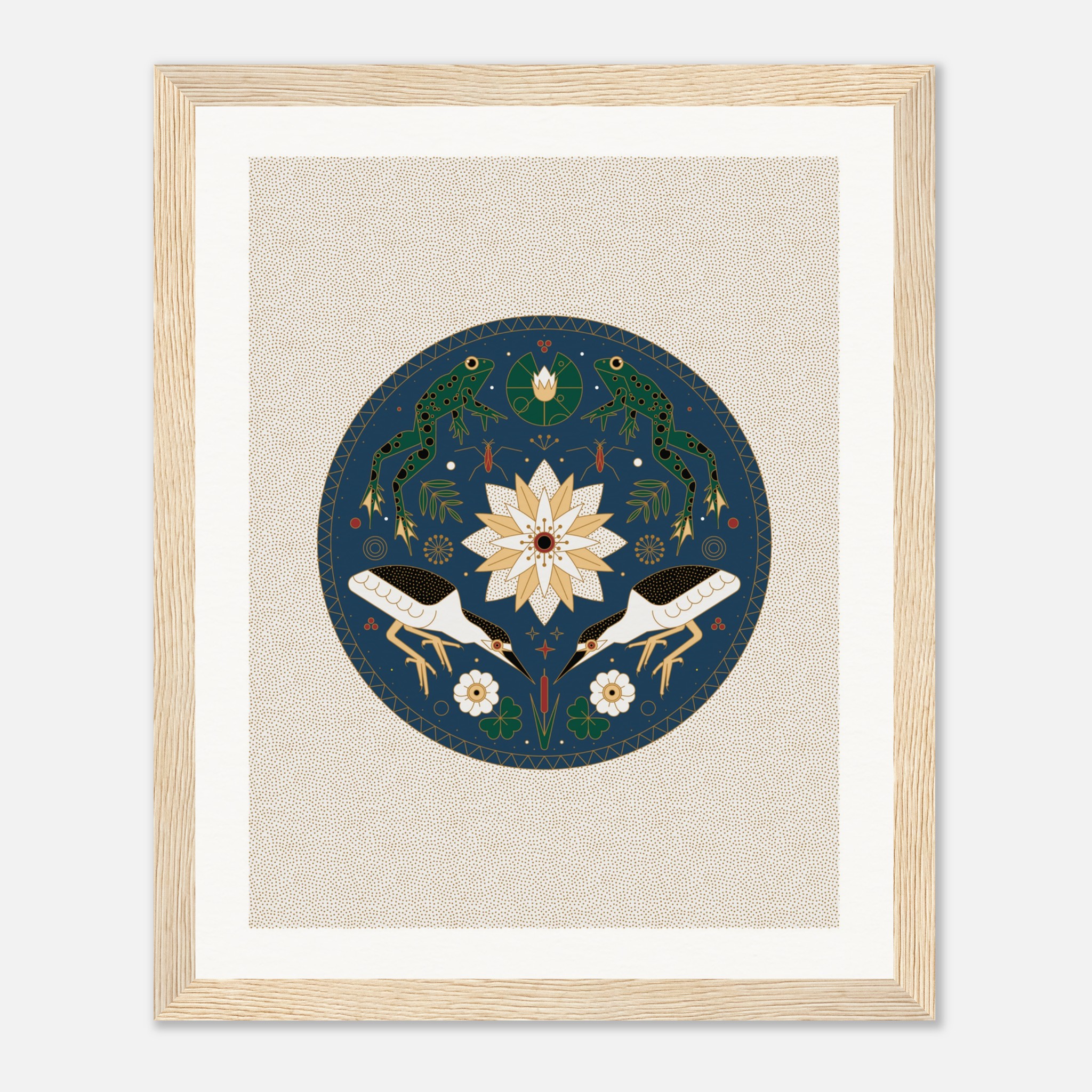 Decorative artwork with frogs, birds, and floral patterns in a circular design, framed in light wood.