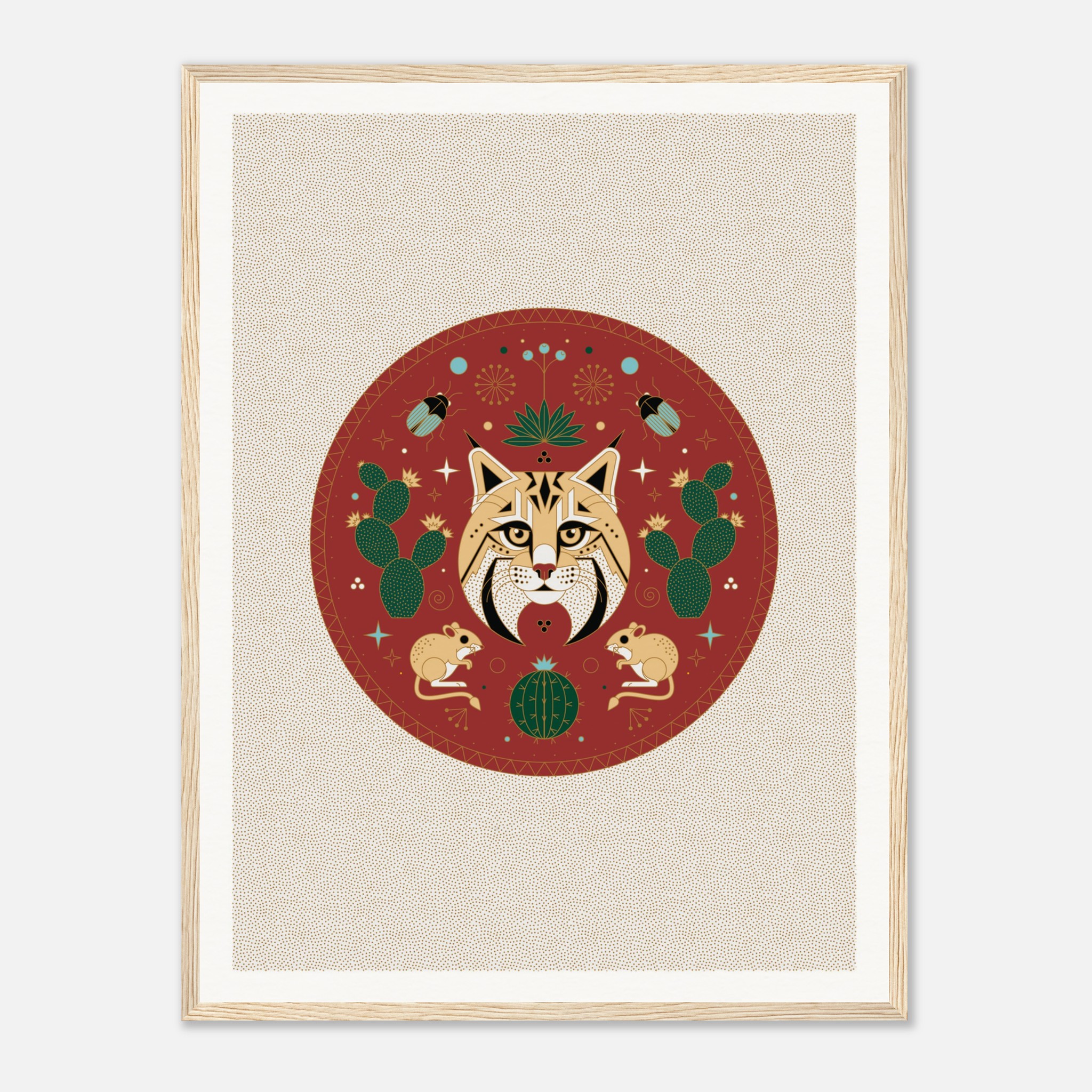 Stylized bobcat face surrounded by desert motifs, cacti, and mice on a red circular background in framed artwork.
