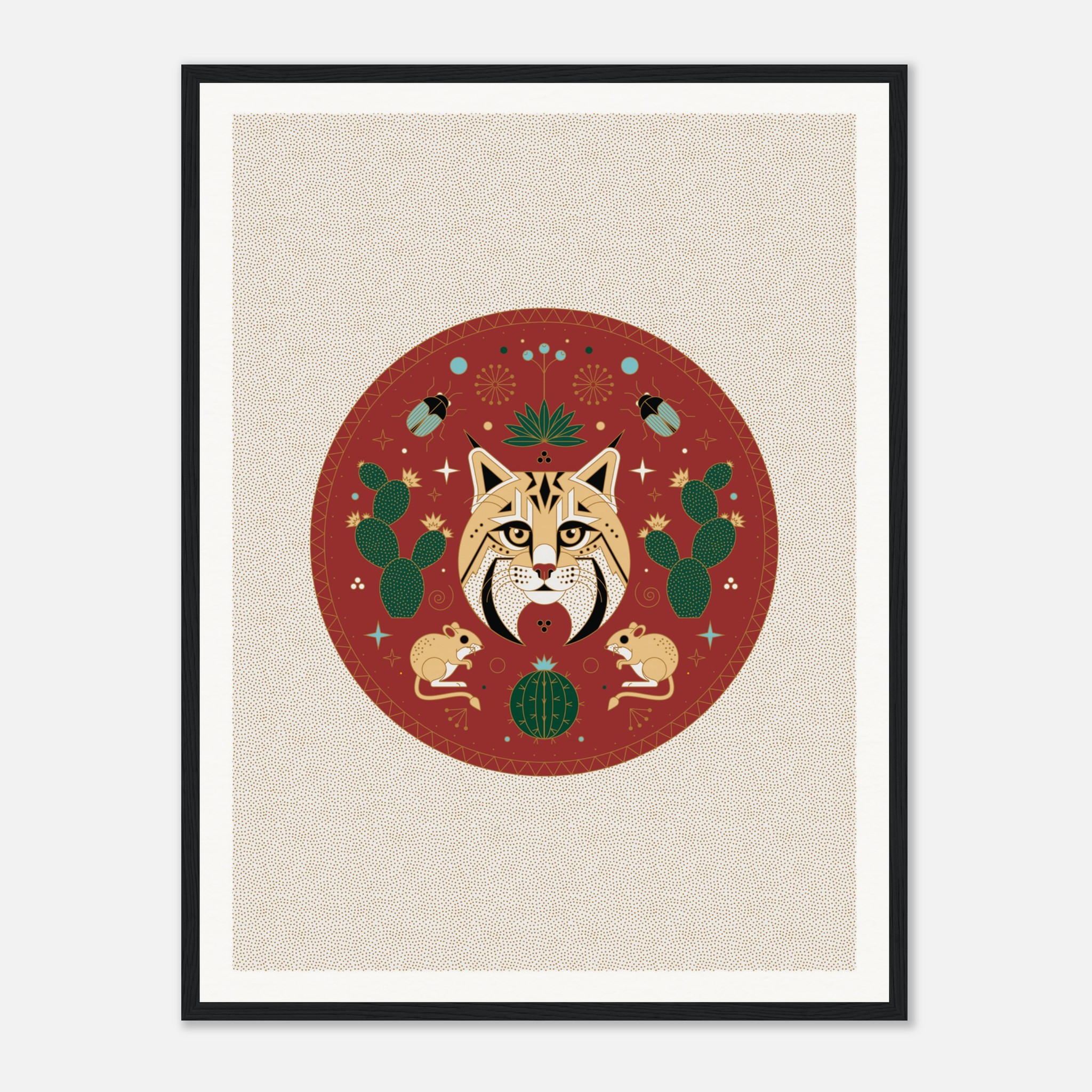 Stylized feline face with desert elements, including cacti and bugs, in a decorative circular art print.