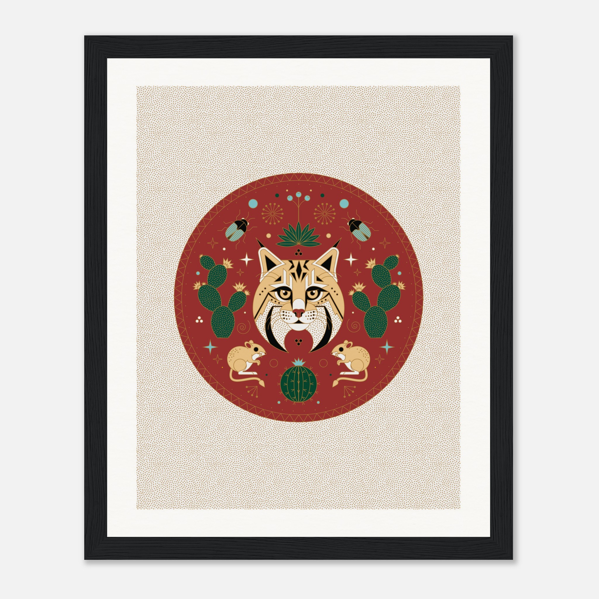 Stylized cat face with cacti and mice in circular design, framed artwork.