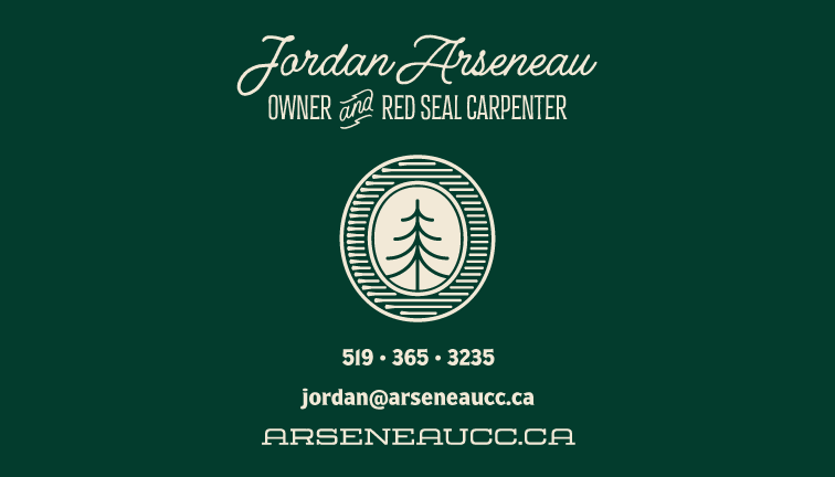 Jordan Arseneau, Red Seal Carpenter contact info: phone 519-365-3235, email jordan@arseneaucc.ca, website arseneaucc.ca