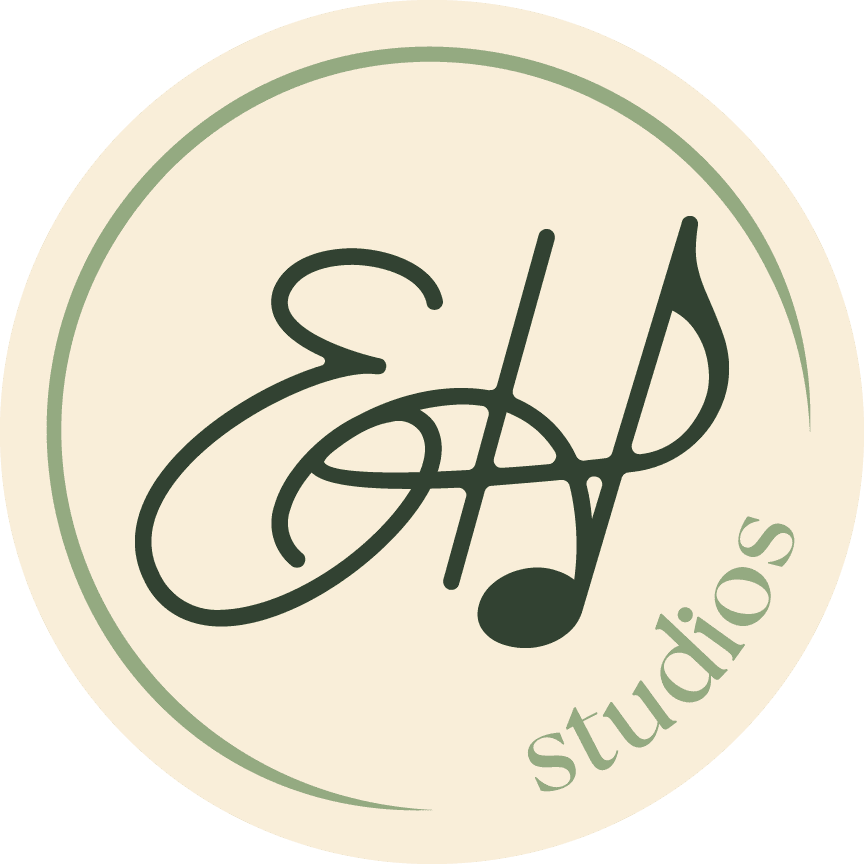 Elegant logo with musical note and script font reading studios on a circular background.