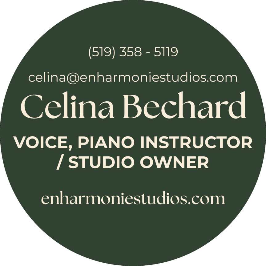 Voice and piano instructor contact information, Enharmonie Studios, including phone number and email.