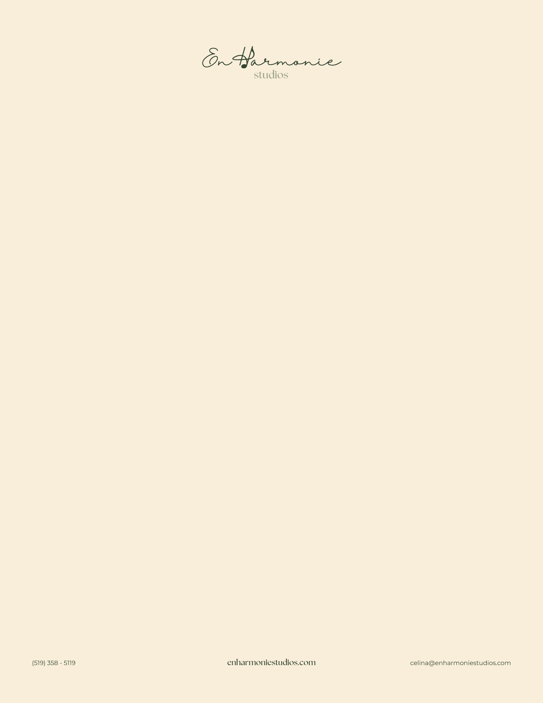 Elegant En Harmonie Studios letterhead with minimalist design, showcasing contact details and logo on a cream background.
