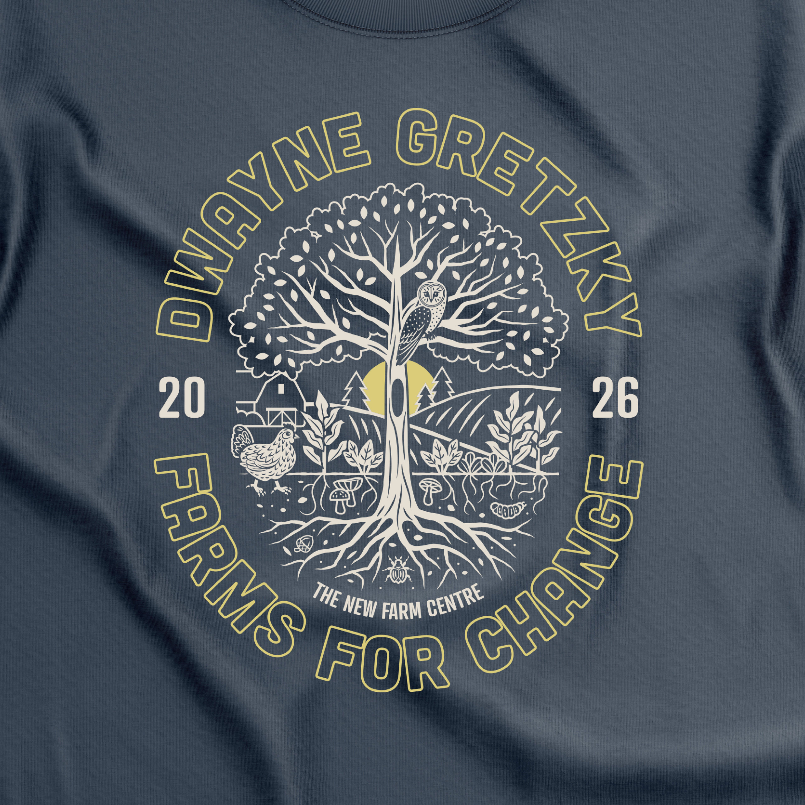 Illustrated event logo with tree, owl, plants, and text: Dwayne Gretzky Farms for Change 2026, The New Farm Centre.