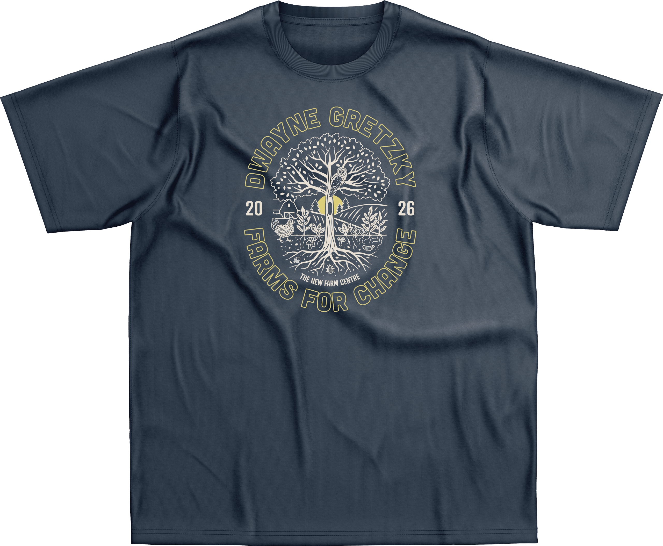 Navy blue T-shirt with tree illustration, text Dwayne Gretzky Farms for Change 2026 at The New Farm Centre.