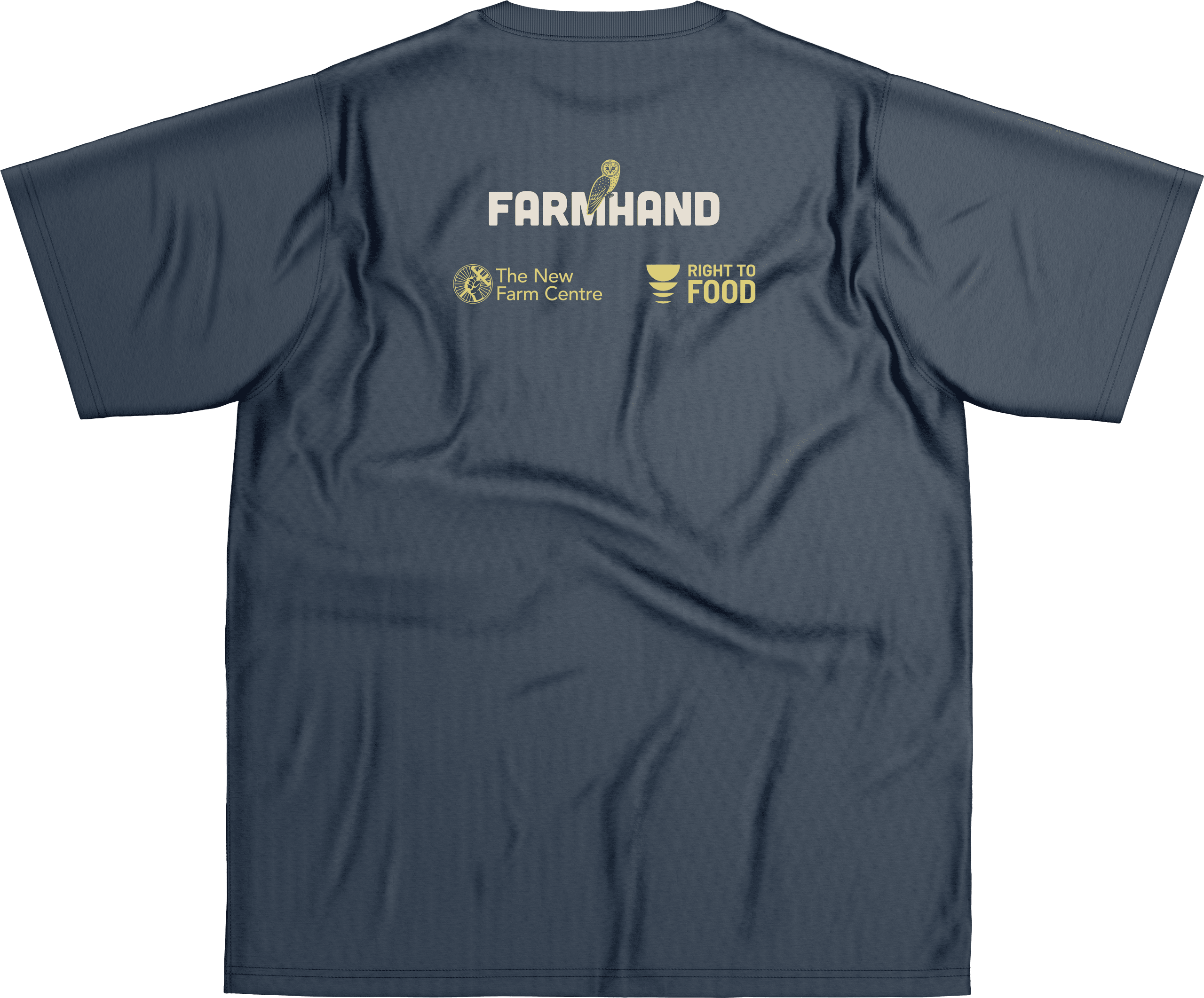 Beige t-shirt featuring Farmhand, The New Farm Centre, and Right to Food logos on the back.