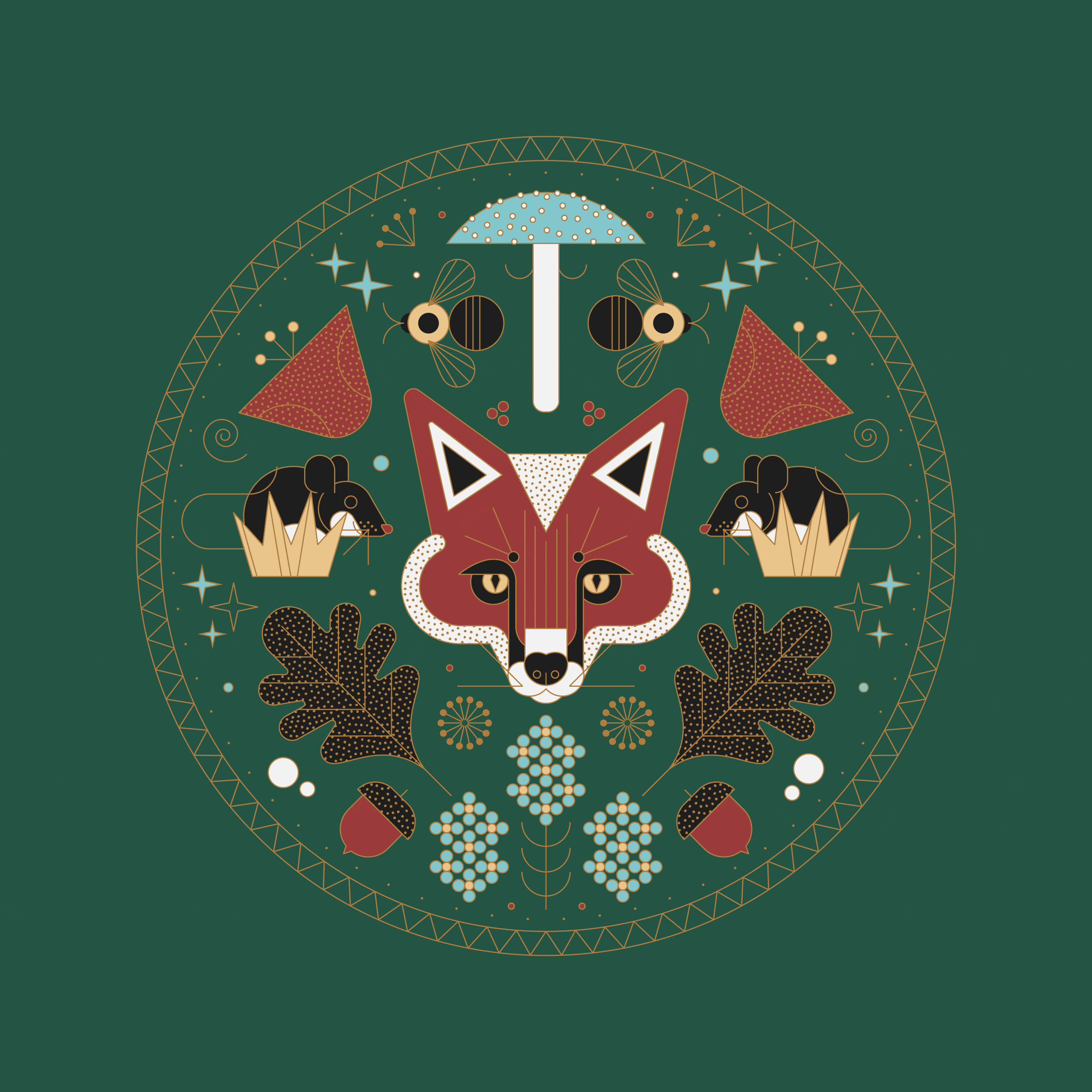 Stylized animal illustration featuring a fox, mice, mushrooms, and leaves in a circular design on a green background.