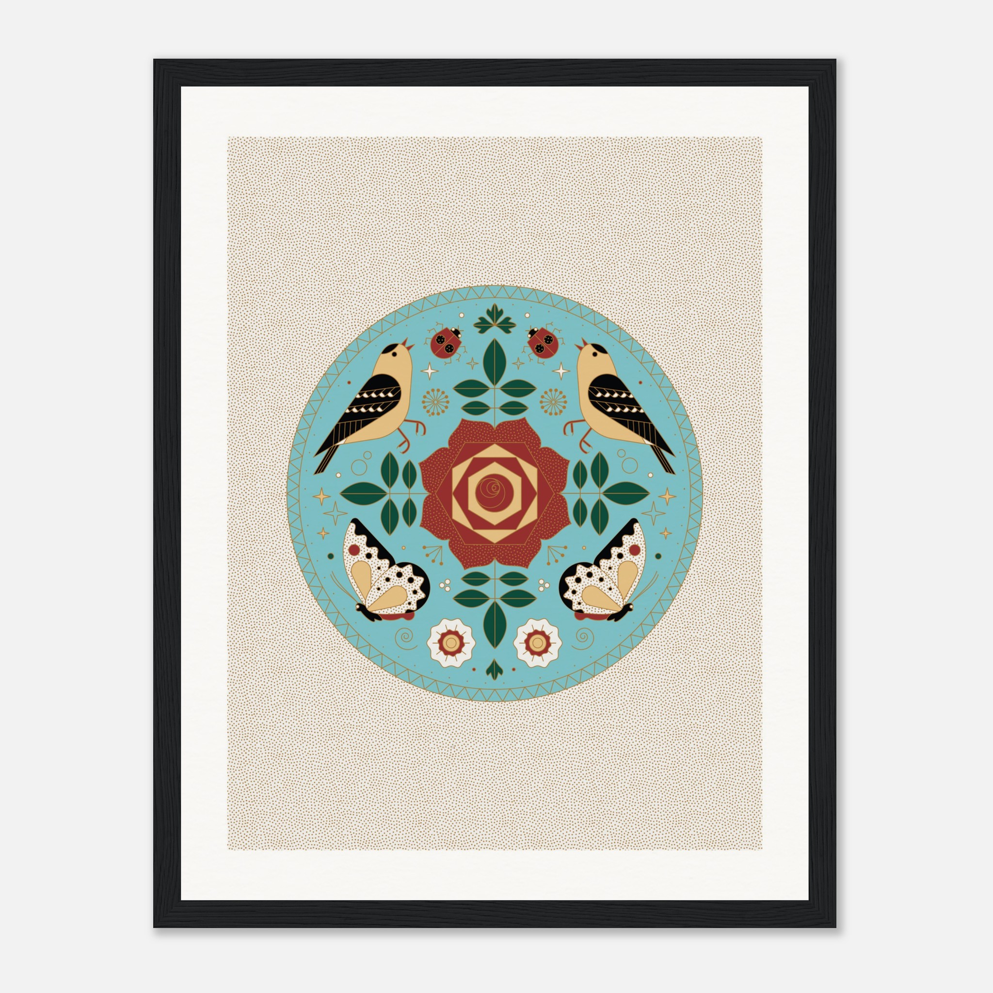 Framed folk art with birds, butterflies, flowers, and ladybugs in a circular pattern on a textured background.