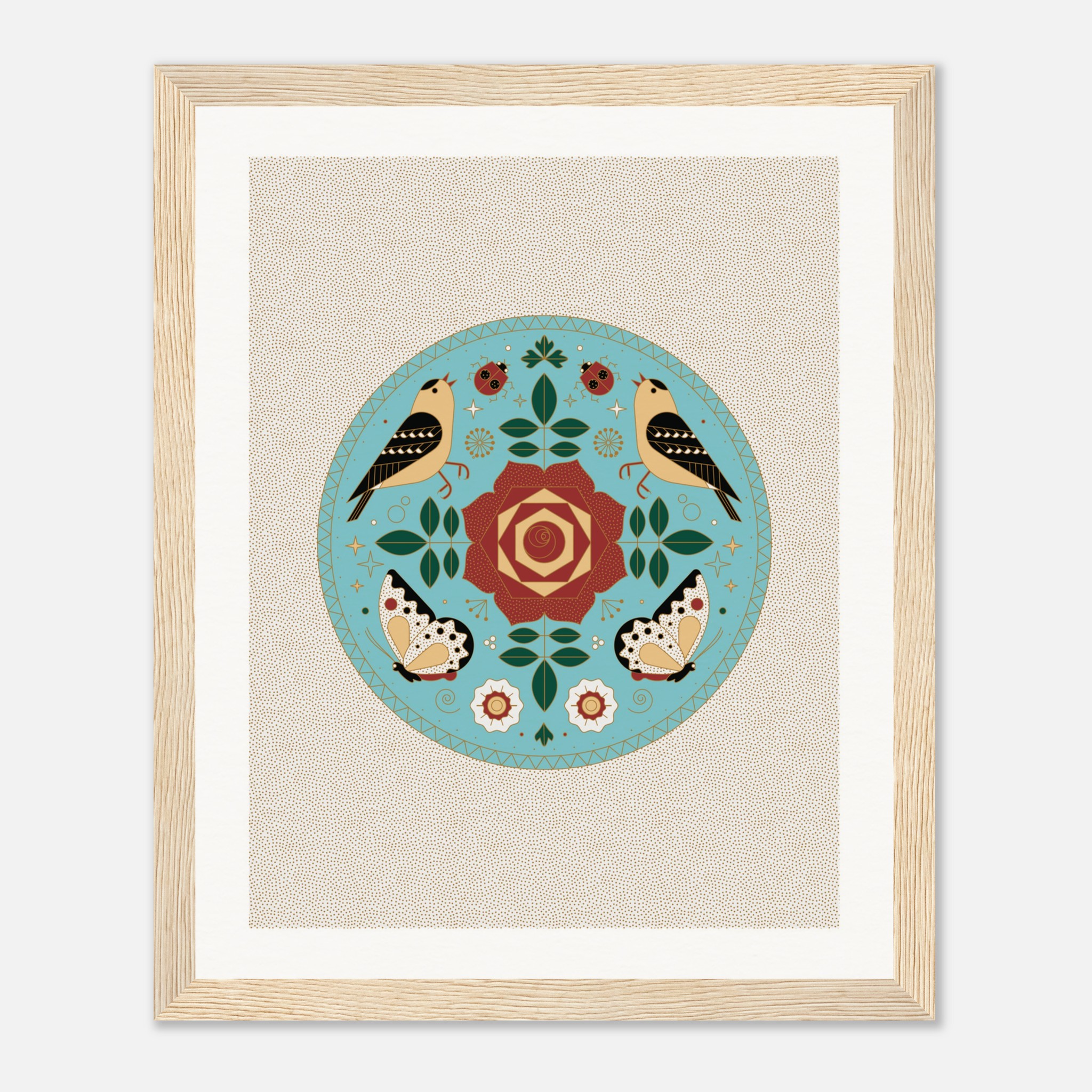 Framed art print featuring birds, butterflies, and a floral pattern in a circular design with pastel colors.