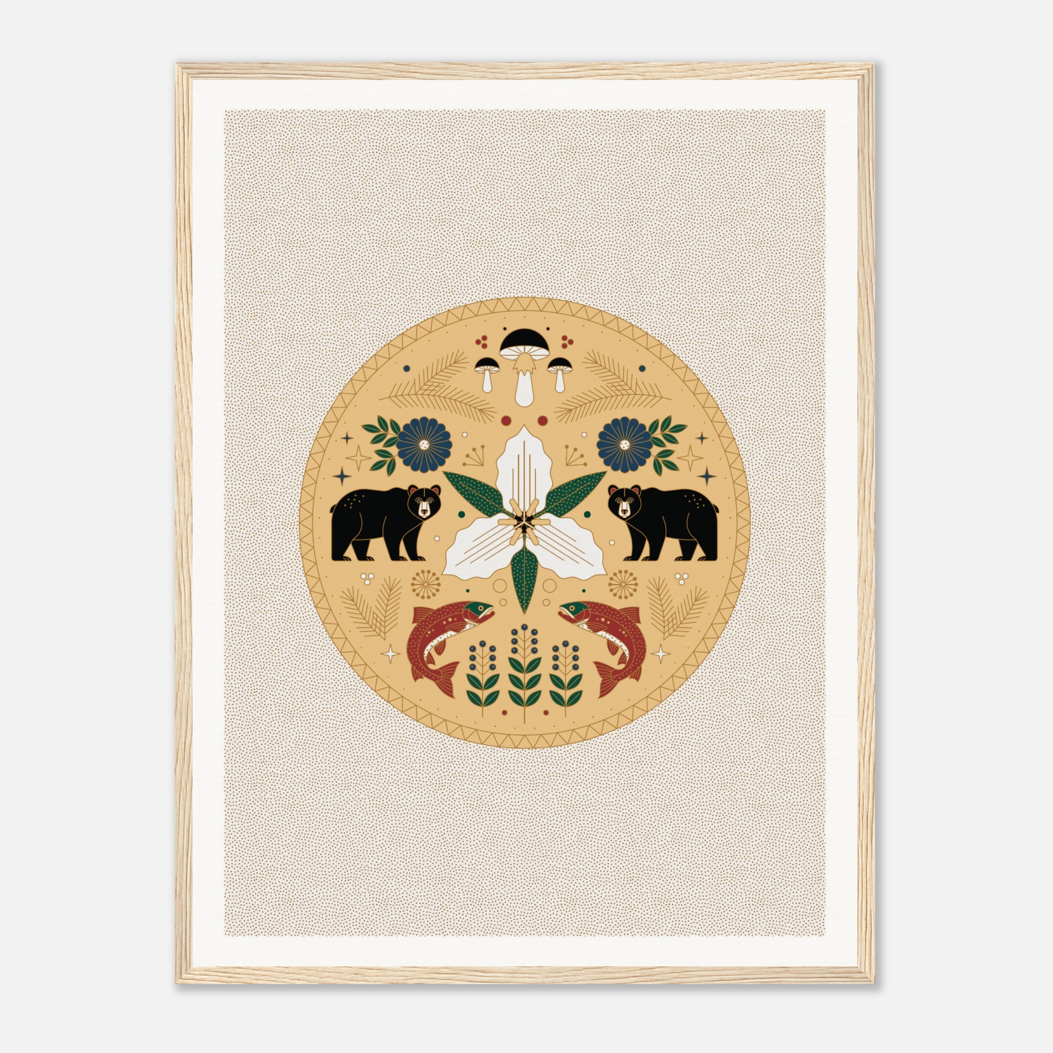 Framed art of a symmetrical design featuring bears, fish, flowers, and mushrooms in a circular pattern.