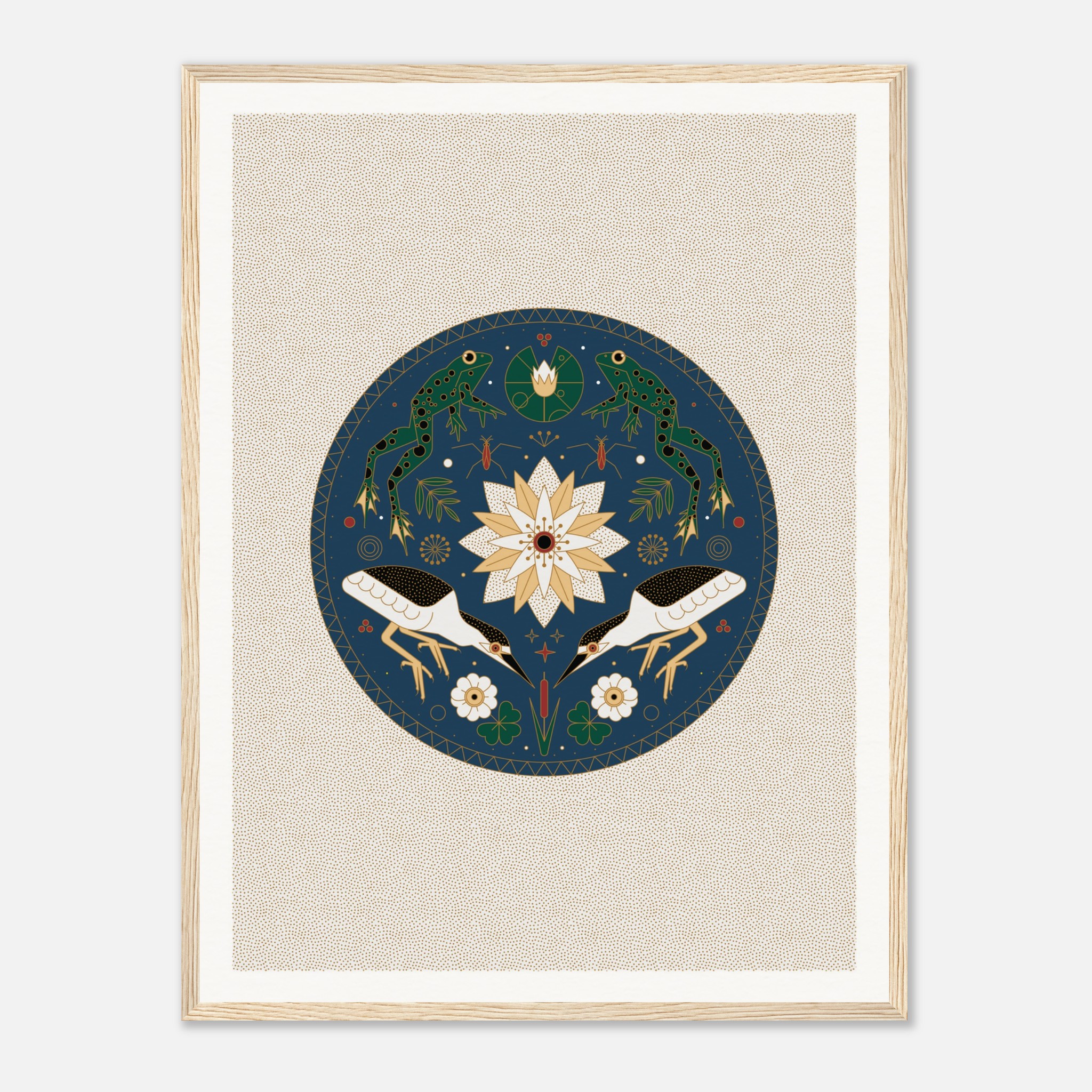 Symmetrical folk art with birds, flowers, and frogs on a circular blue background, framed in light wood.