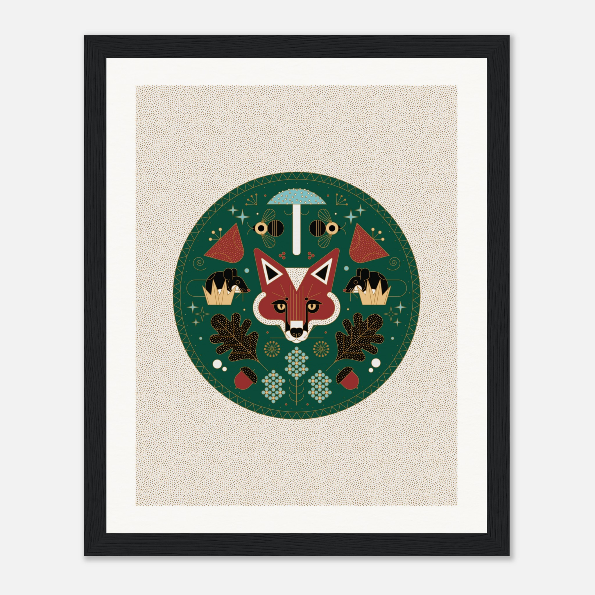 Framed woodland-themed illustration featuring a fox, mushrooms, and acorns in a geometric design.