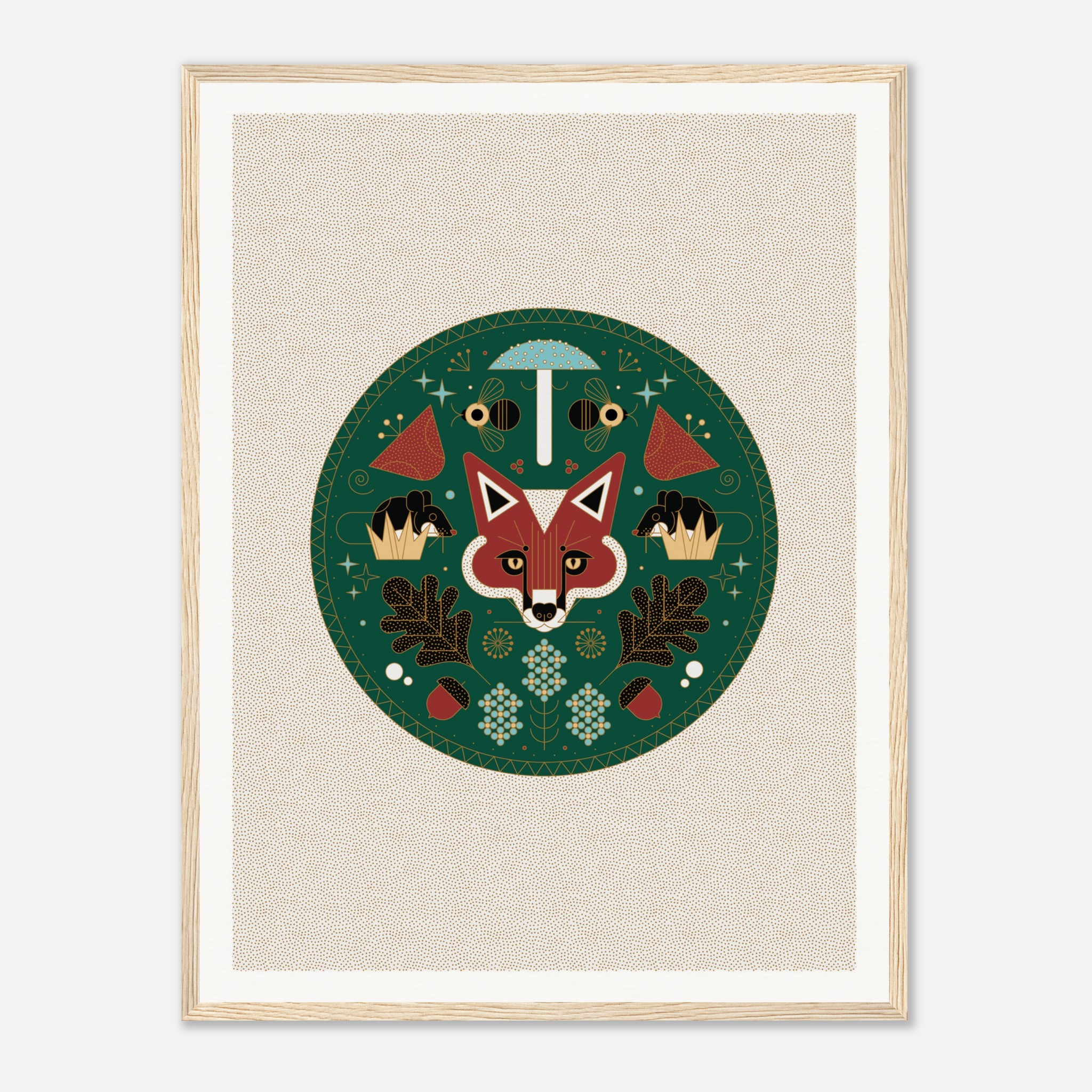 Framed geometric illustration of a fox face with woodland elements on a green background.