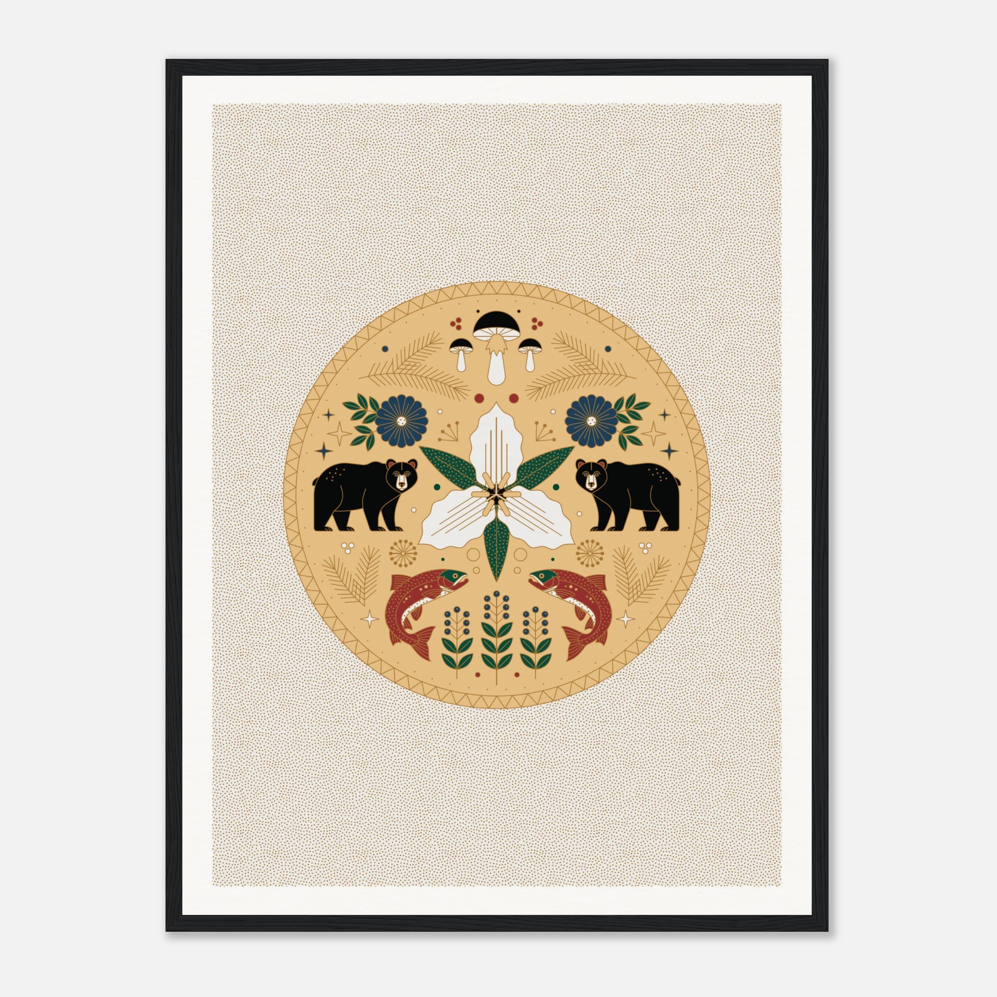 Illustrative art with bears, fish, and flowers in a circular pattern, showcasing nature's harmony and beauty.